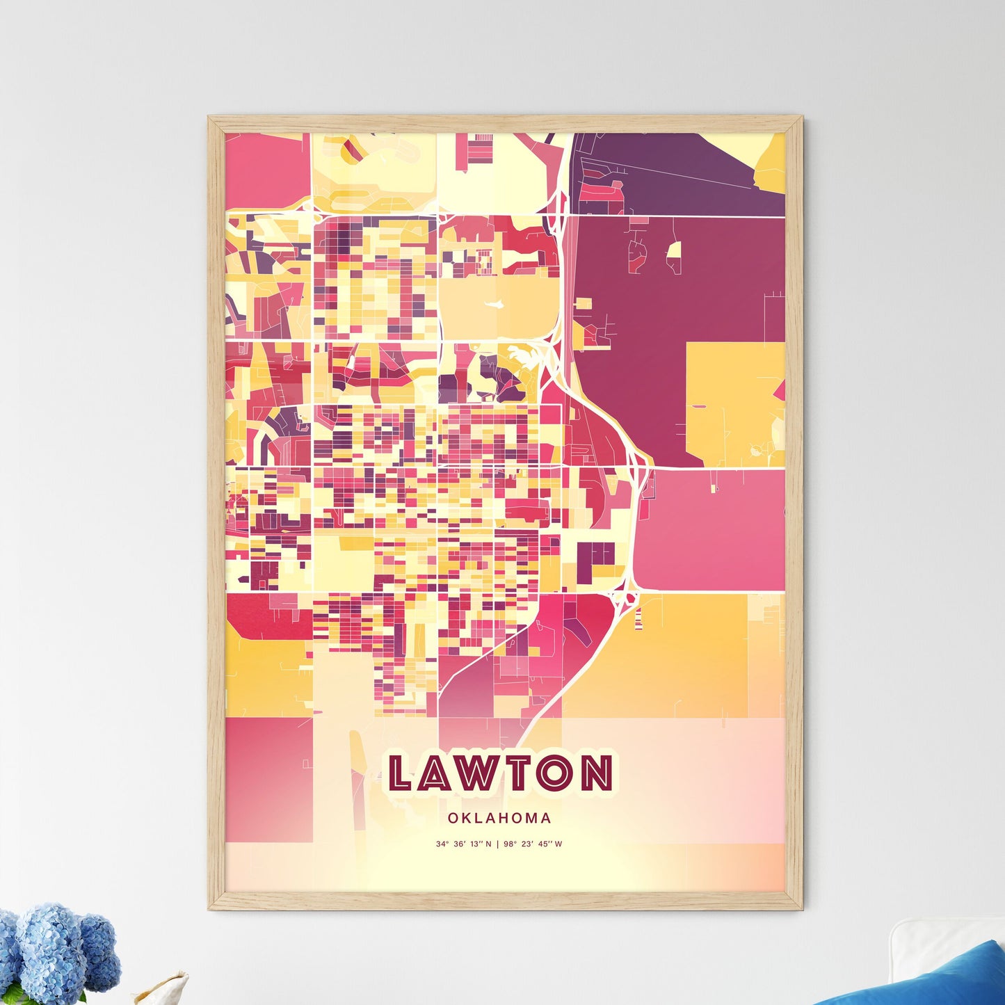 Colorful Lawton Oklahoma Fine Art Map Hot Red