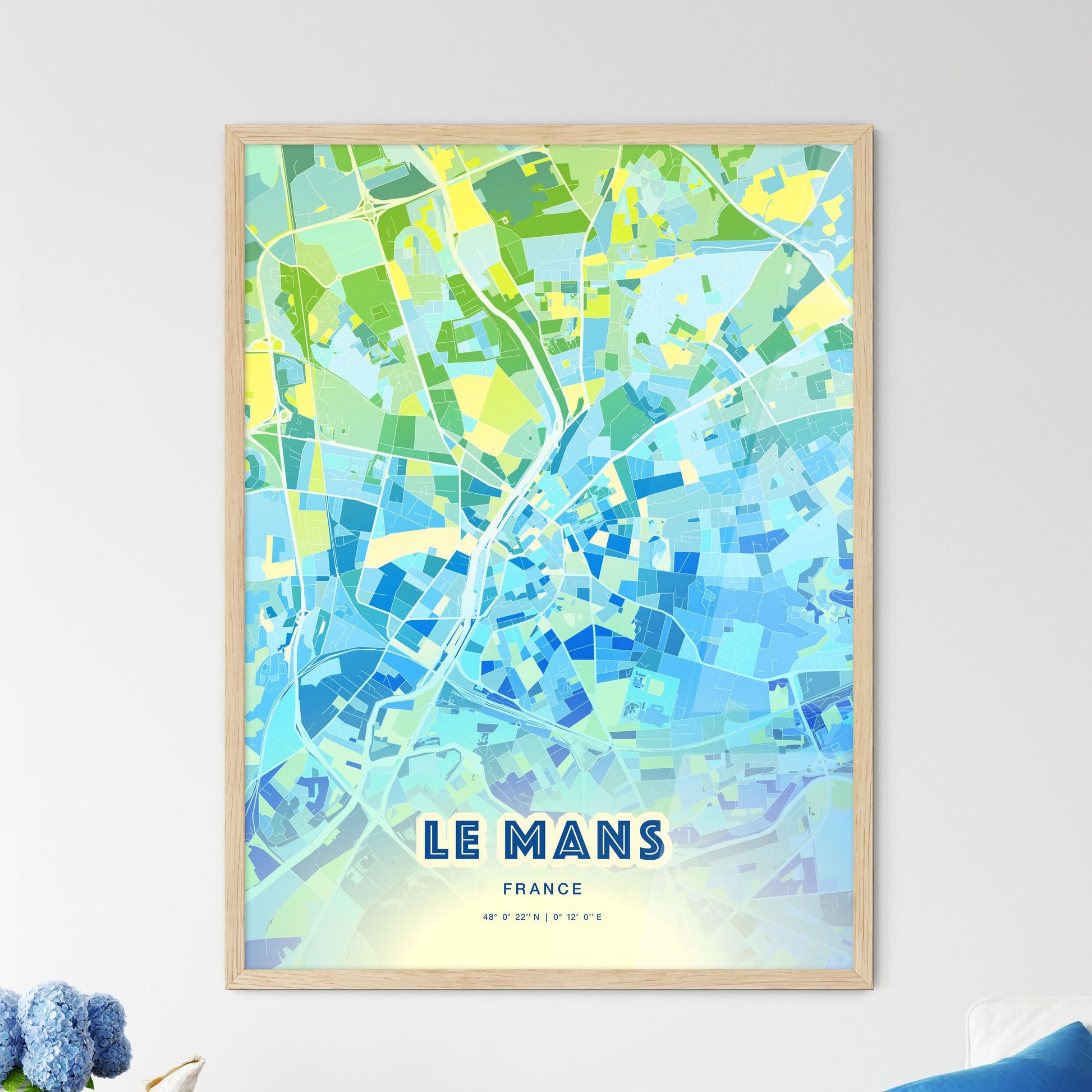 Colorful Le Mans France Fine Art Map Cool Blue