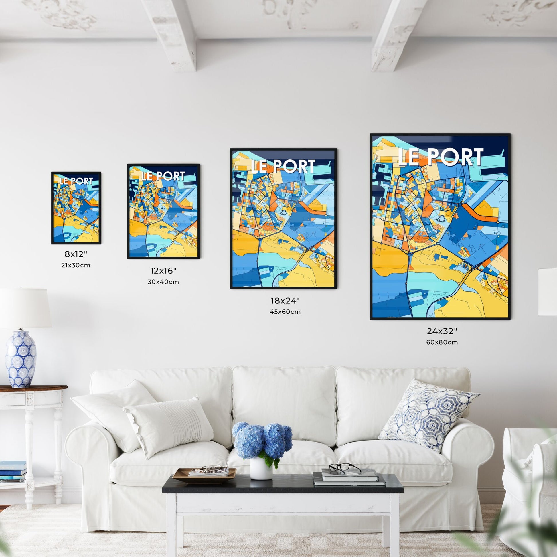 LE PORT FRANCE Vibrant Colorful Art Map Poster Blue Orange