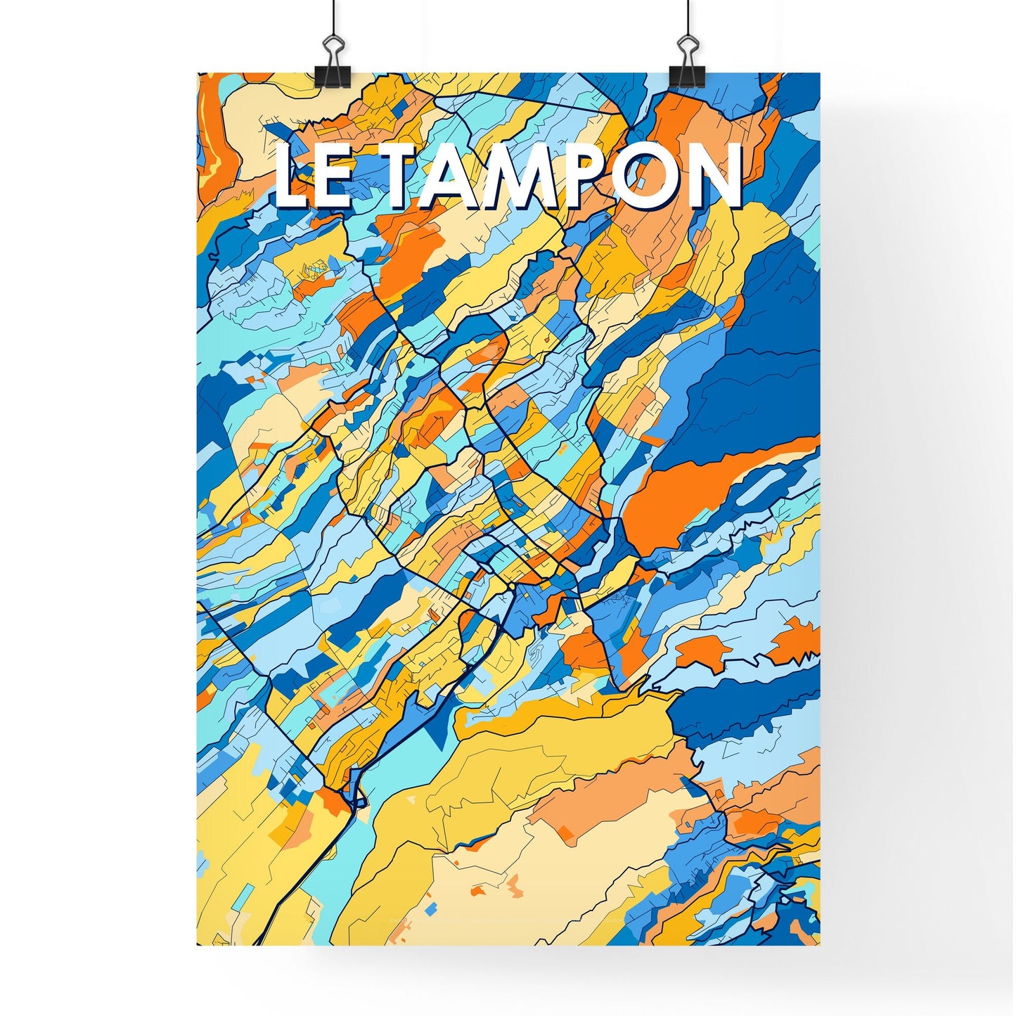 LE TAMPON FRANCE Vibrant Colorful Art Map Poster Blue Orange