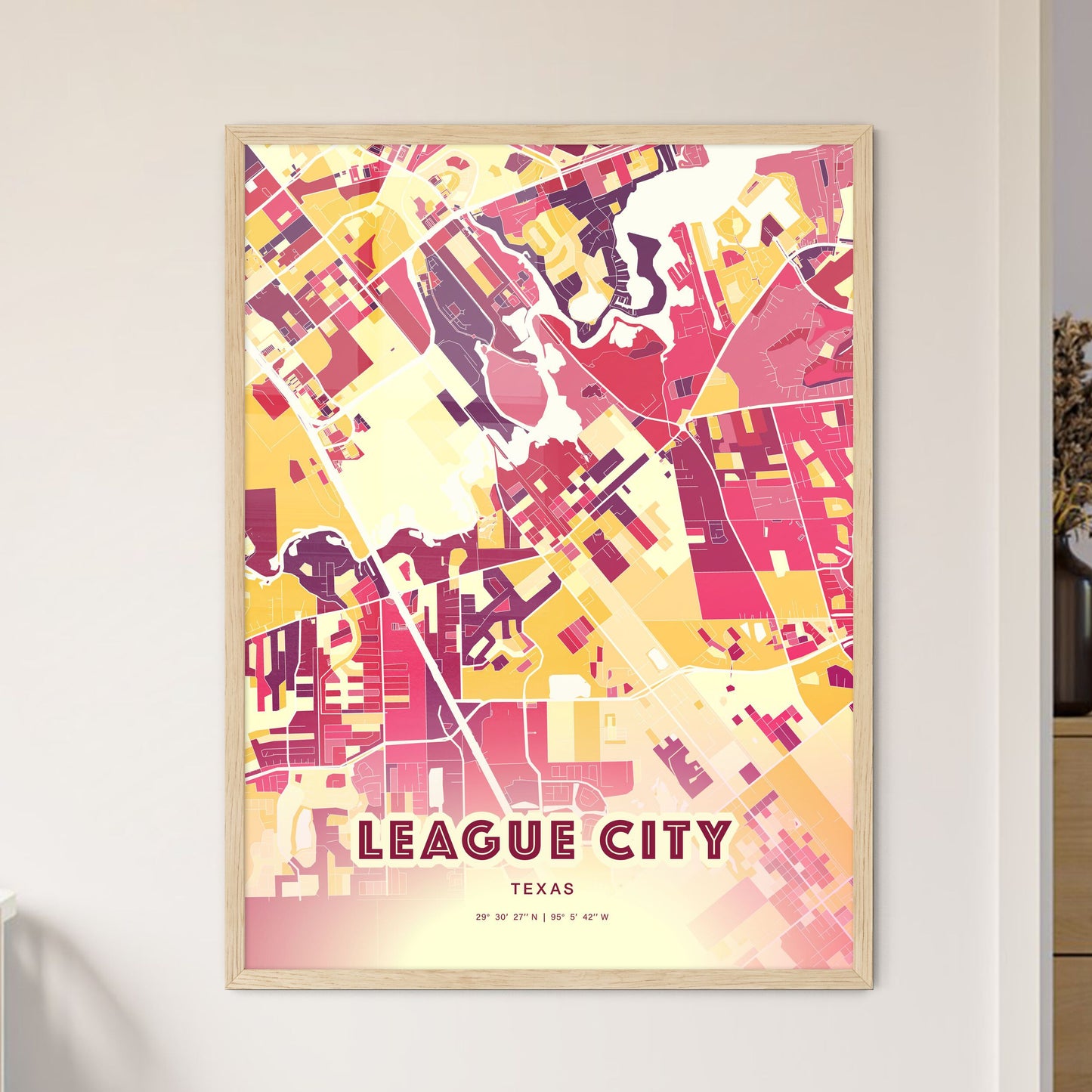 Colorful League City Texas Fine Art Map Hot Red