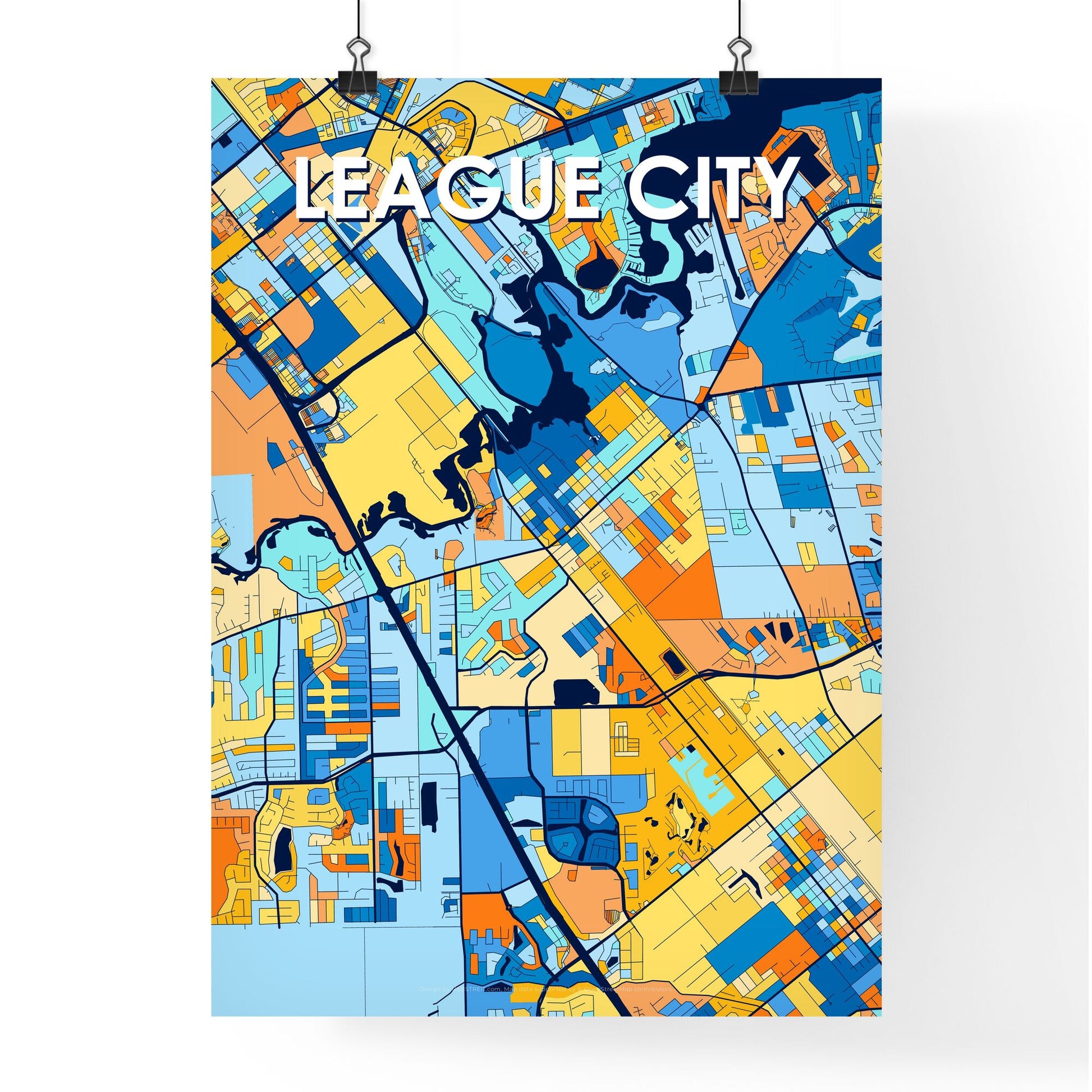 LEAGUE CITY TEXAS Vibrant Colorful Art Map Poster Blue Orange