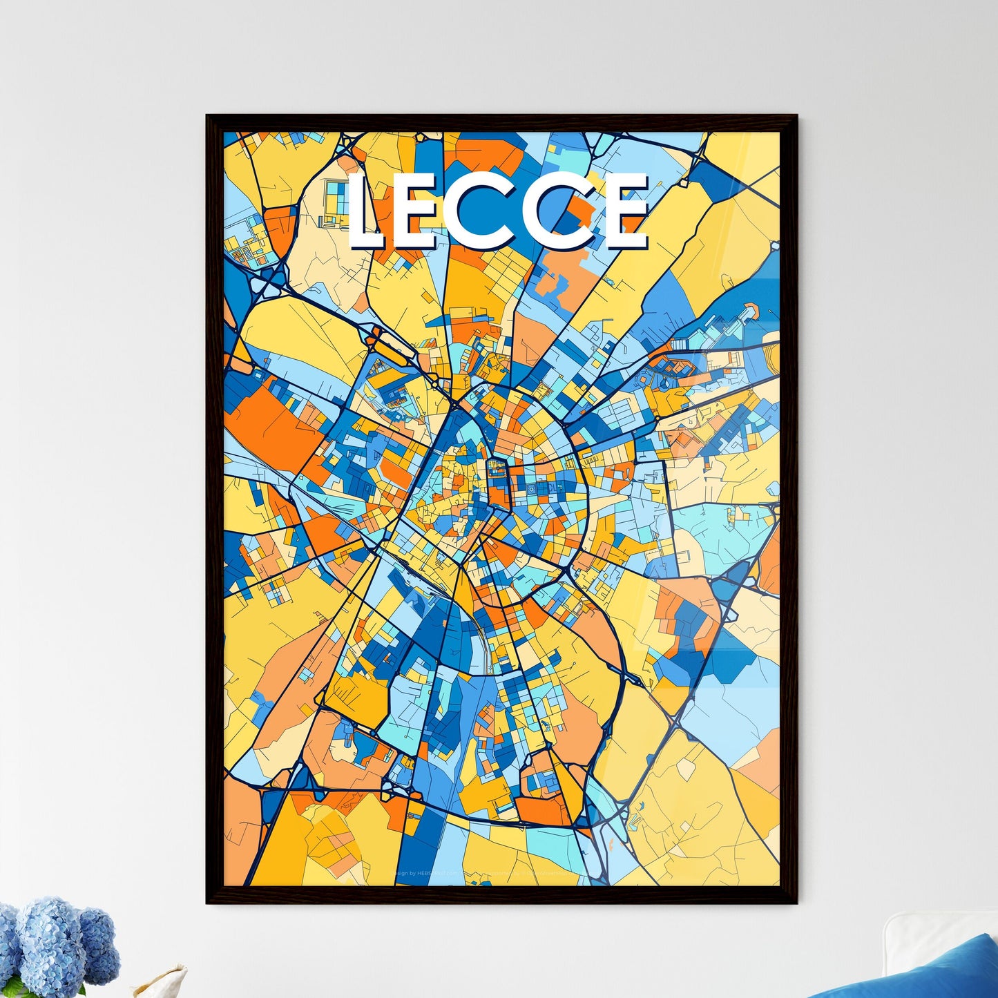 LECCE ITALY Vibrant Colorful Art Map Poster Blue Orange