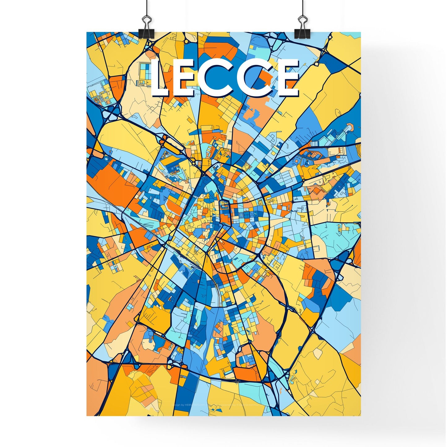 LECCE ITALY Vibrant Colorful Art Map Poster Blue Orange