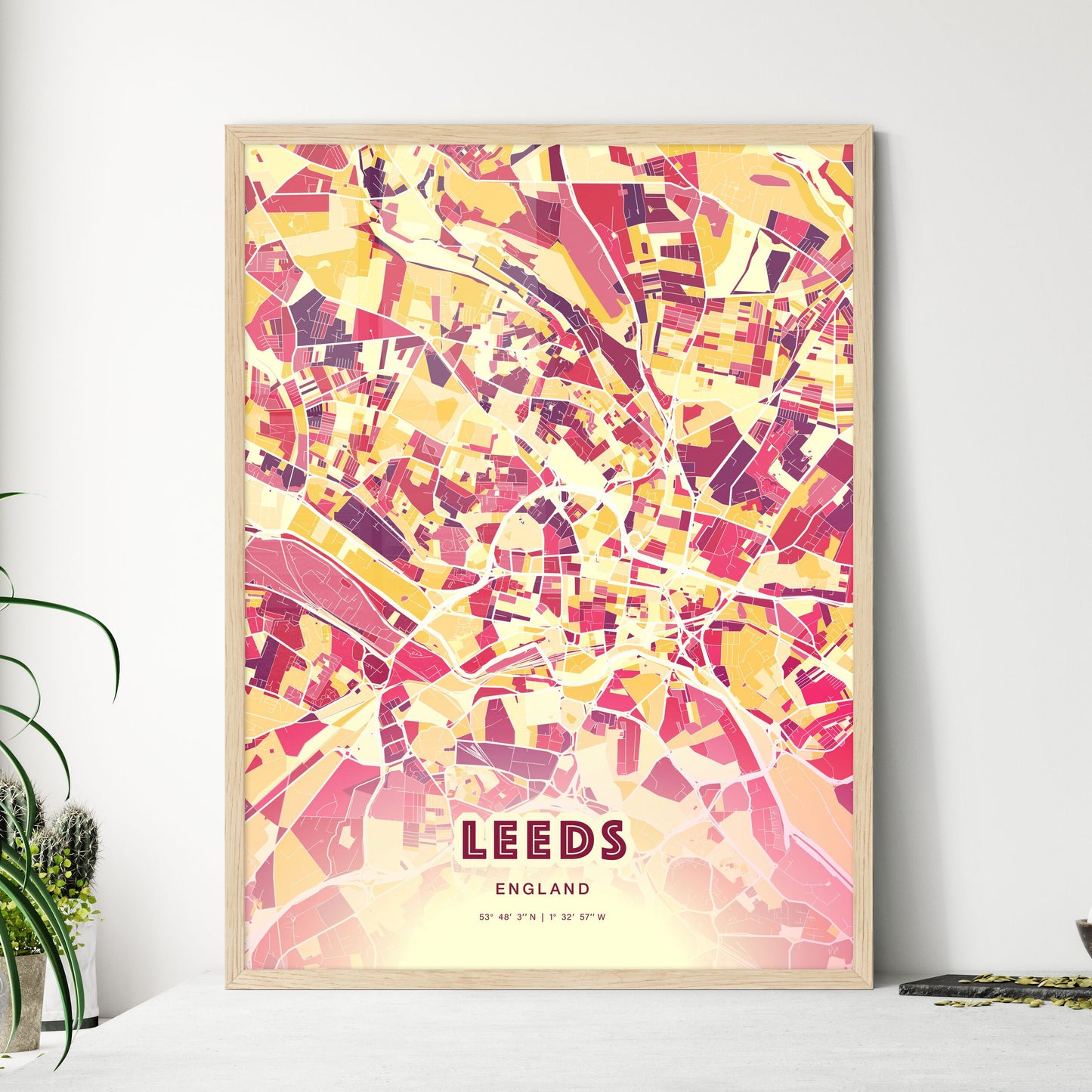 Colorful Leeds England Fine Art Map Hot Red