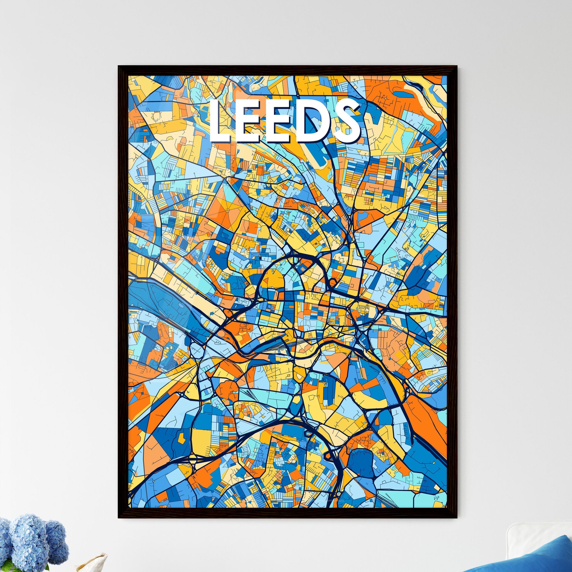 LEEDS ENGLAND Vibrant Colorful Art Map Poster Blue Orange