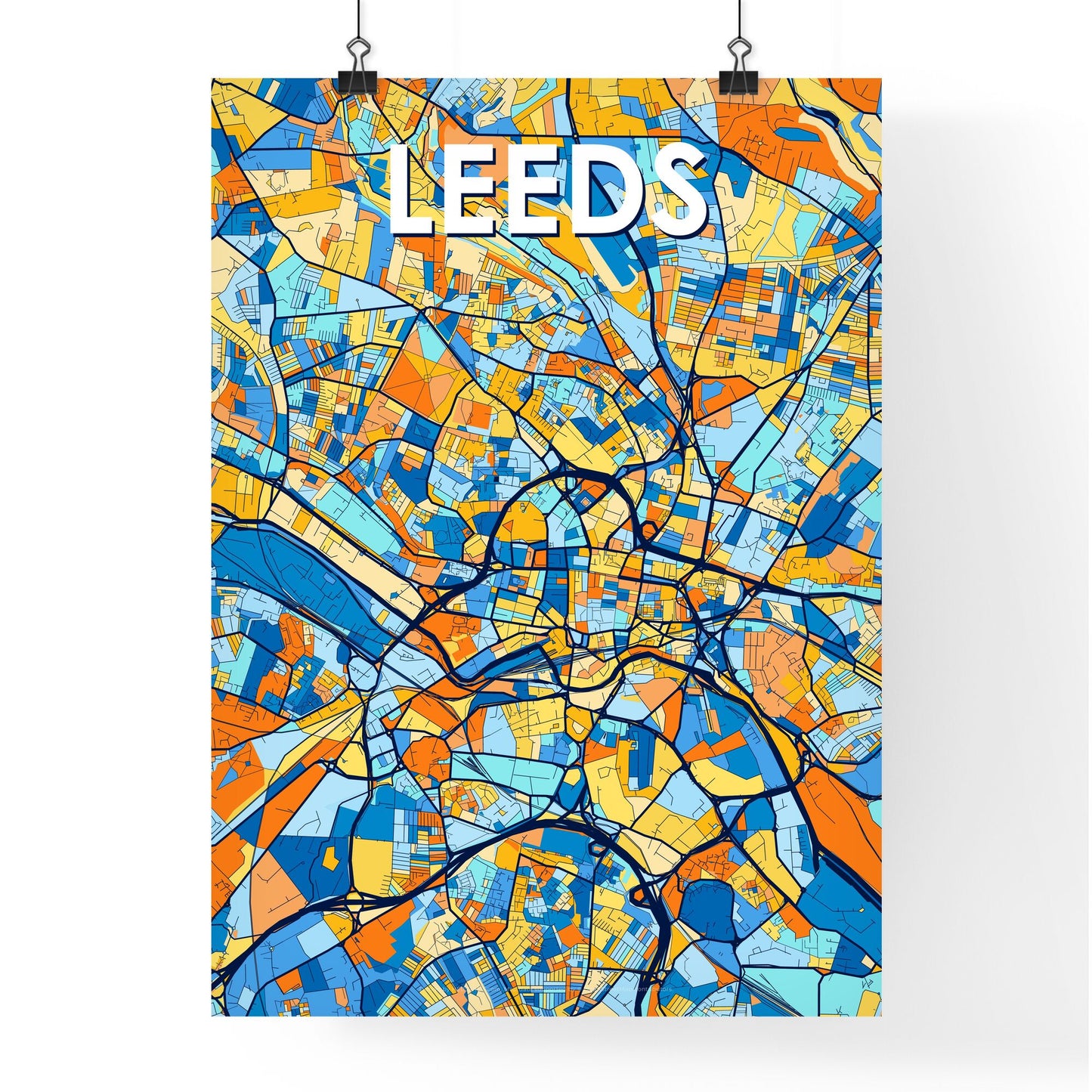 LEEDS ENGLAND Vibrant Colorful Art Map Poster Blue Orange