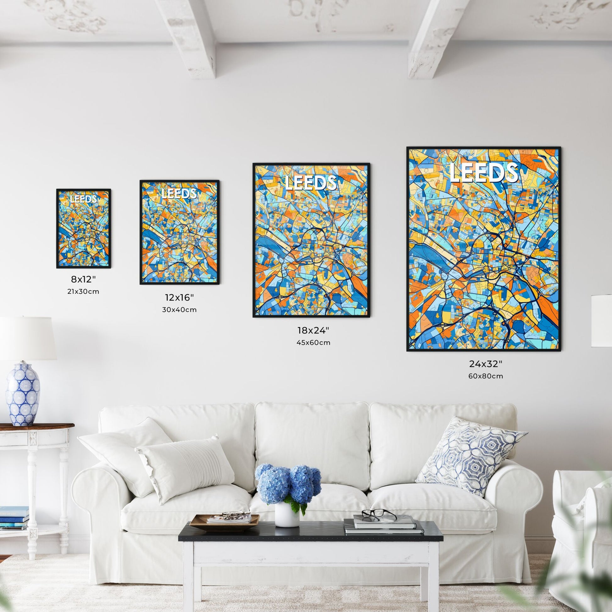 LEEDS ENGLAND Vibrant Colorful Art Map Poster Blue Orange