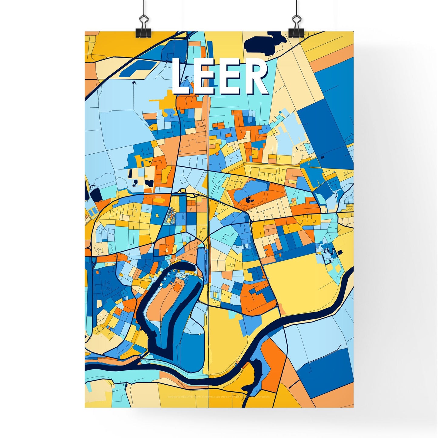 LEER GERMANY Vibrant Colorful Art Map Poster Blue Orange