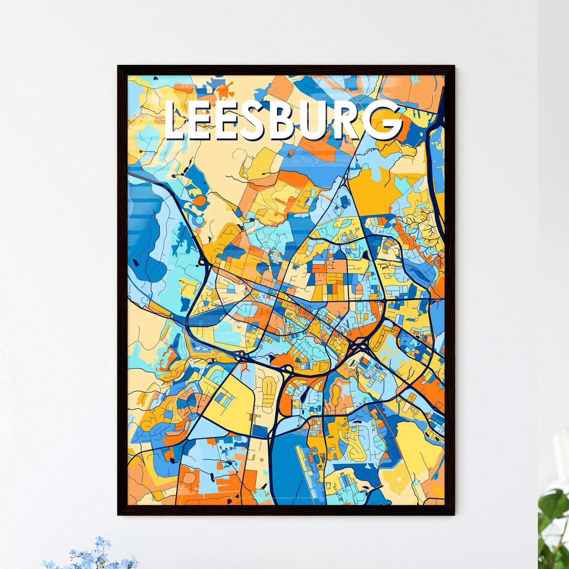 LEESBURG VIRGINIA Vibrant Colorful Art Map Poster Blue Orange