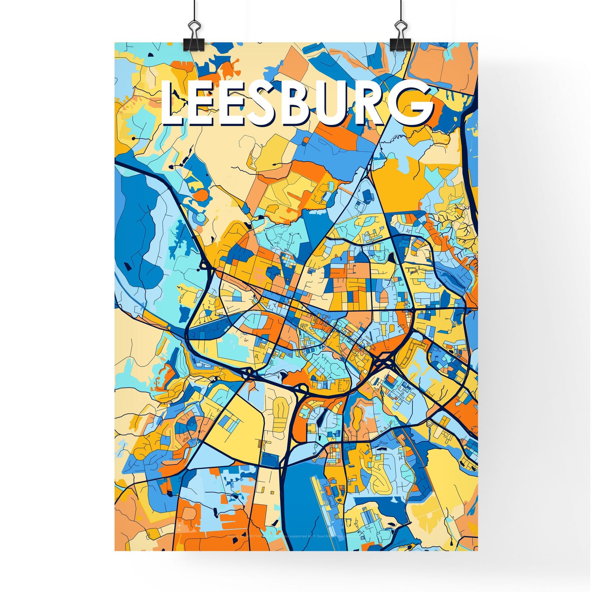 LEESBURG VIRGINIA Vibrant Colorful Art Map Poster Blue Orange