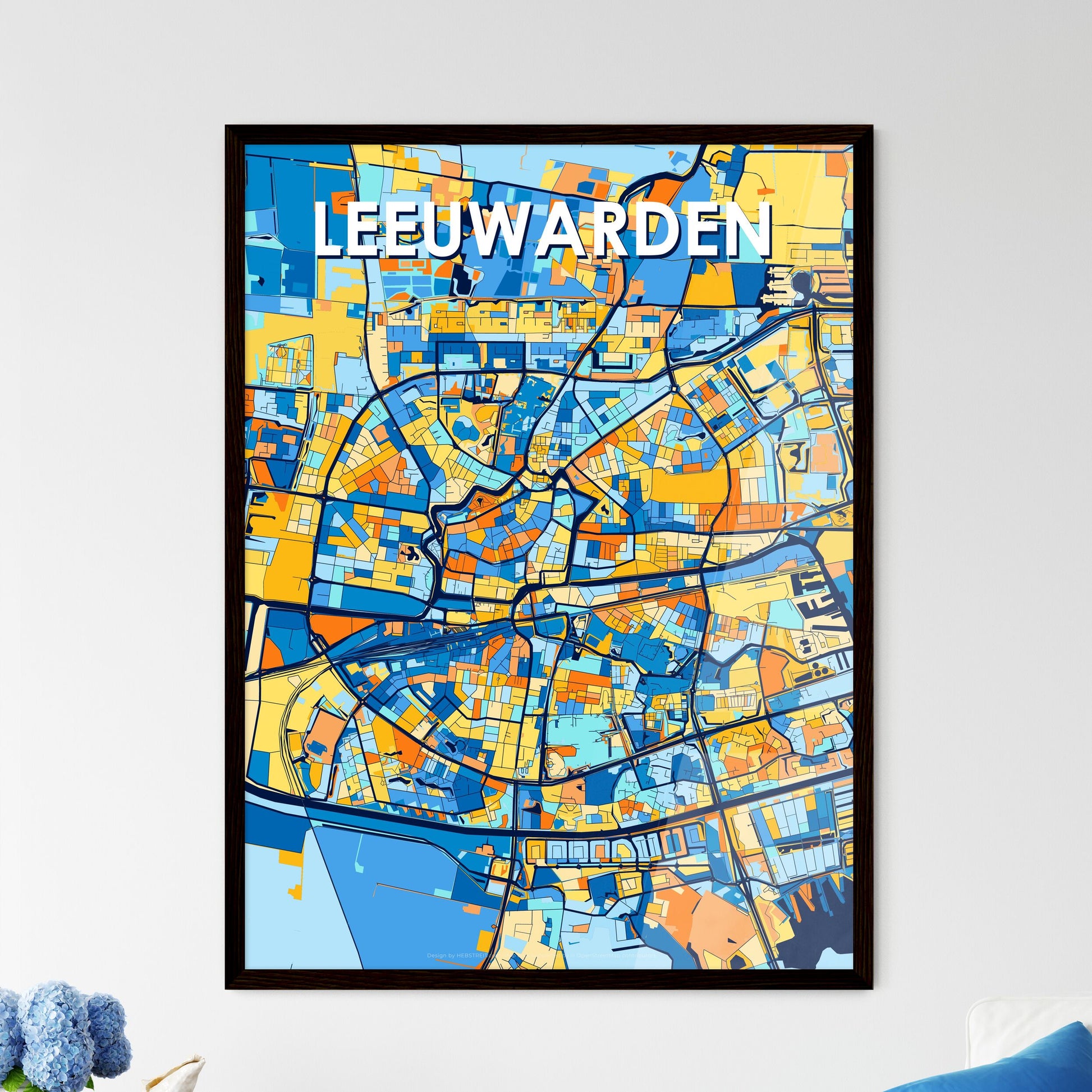 LEEUWARDEN NETHERLANDS Vibrant Colorful Art Map Poster Blue Orange