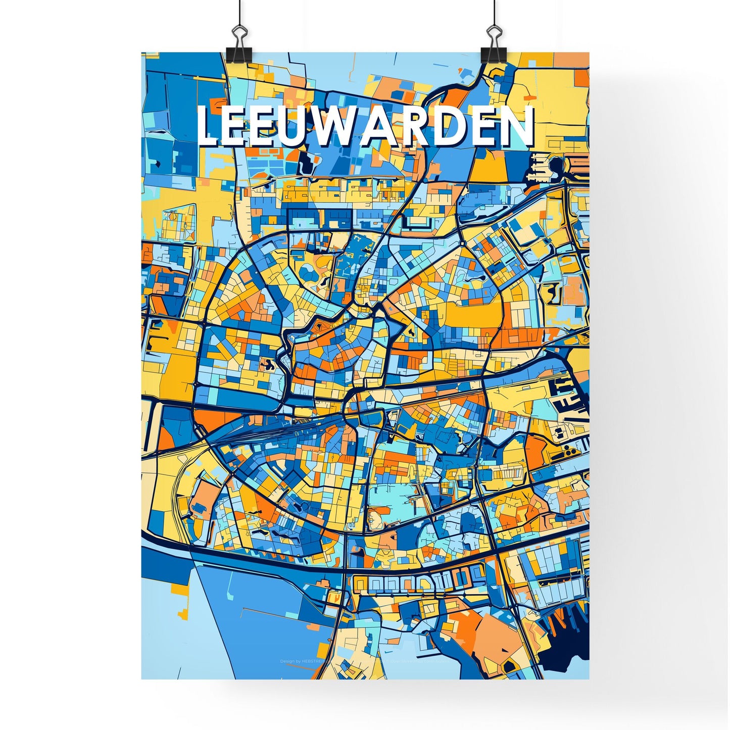 LEEUWARDEN NETHERLANDS Vibrant Colorful Art Map Poster Blue Orange