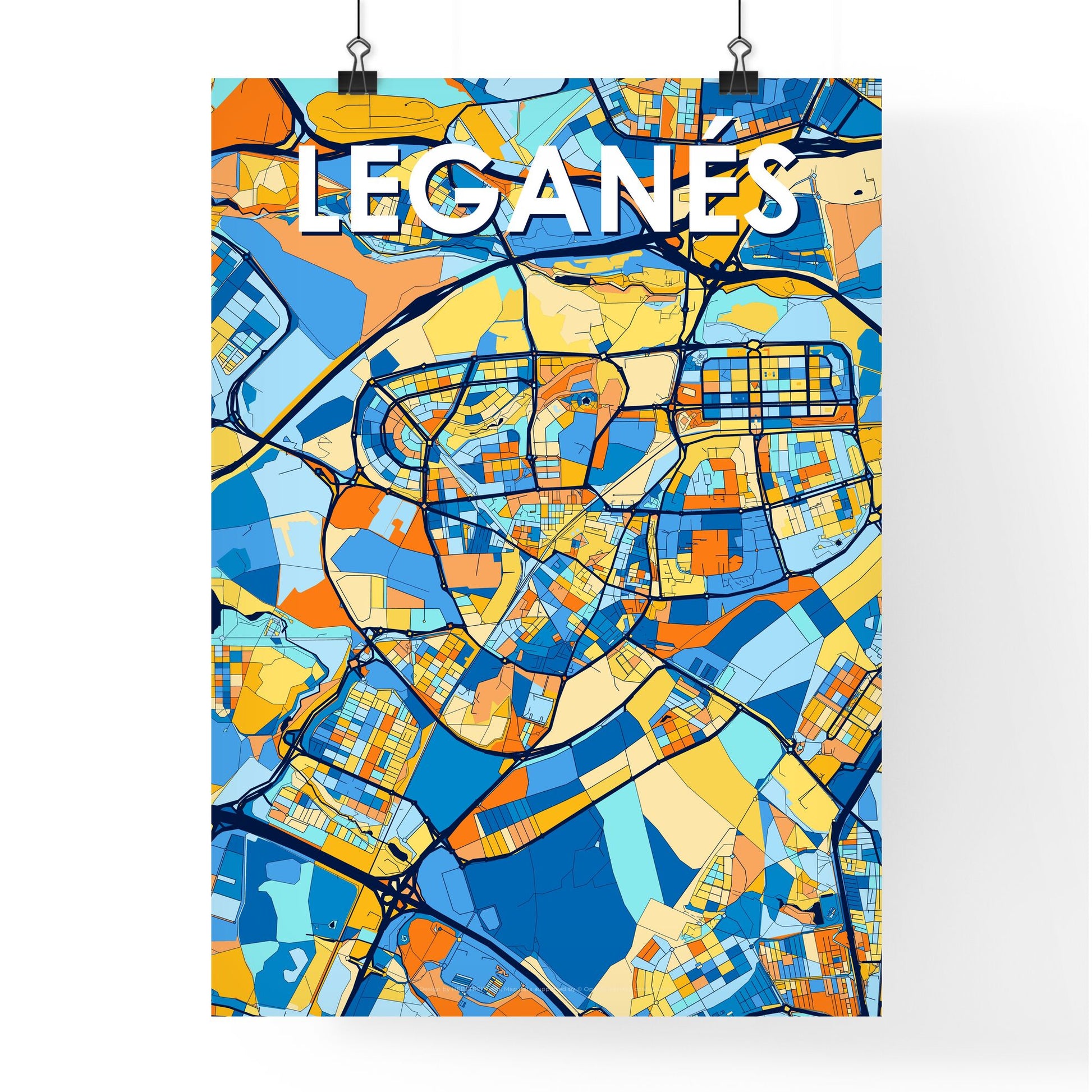 LEGANÉS SPAIN Vibrant Colorful Art Map Poster Blue Orange