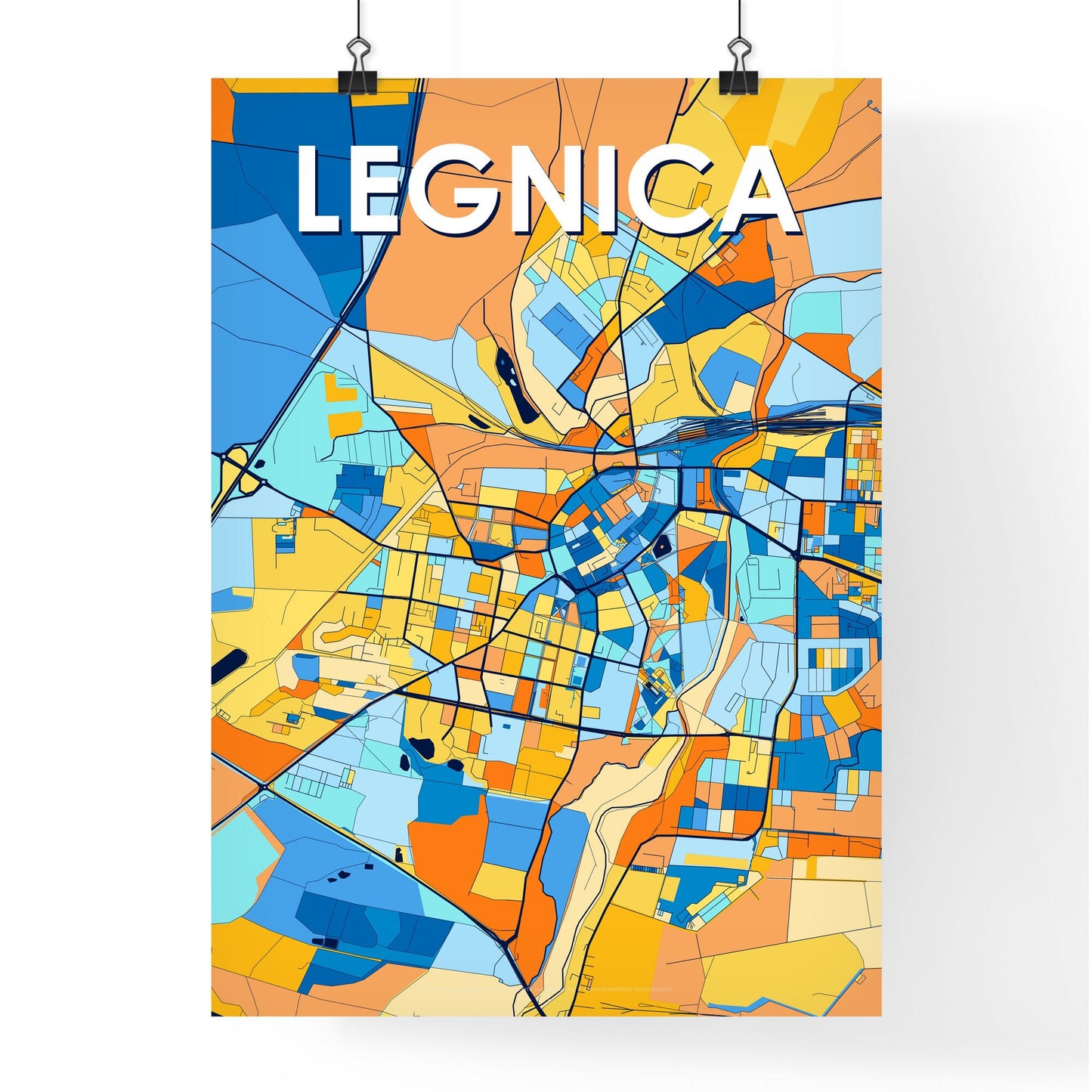 LEGNICA POLAND Vibrant Colorful Art Map Poster Blue Orange