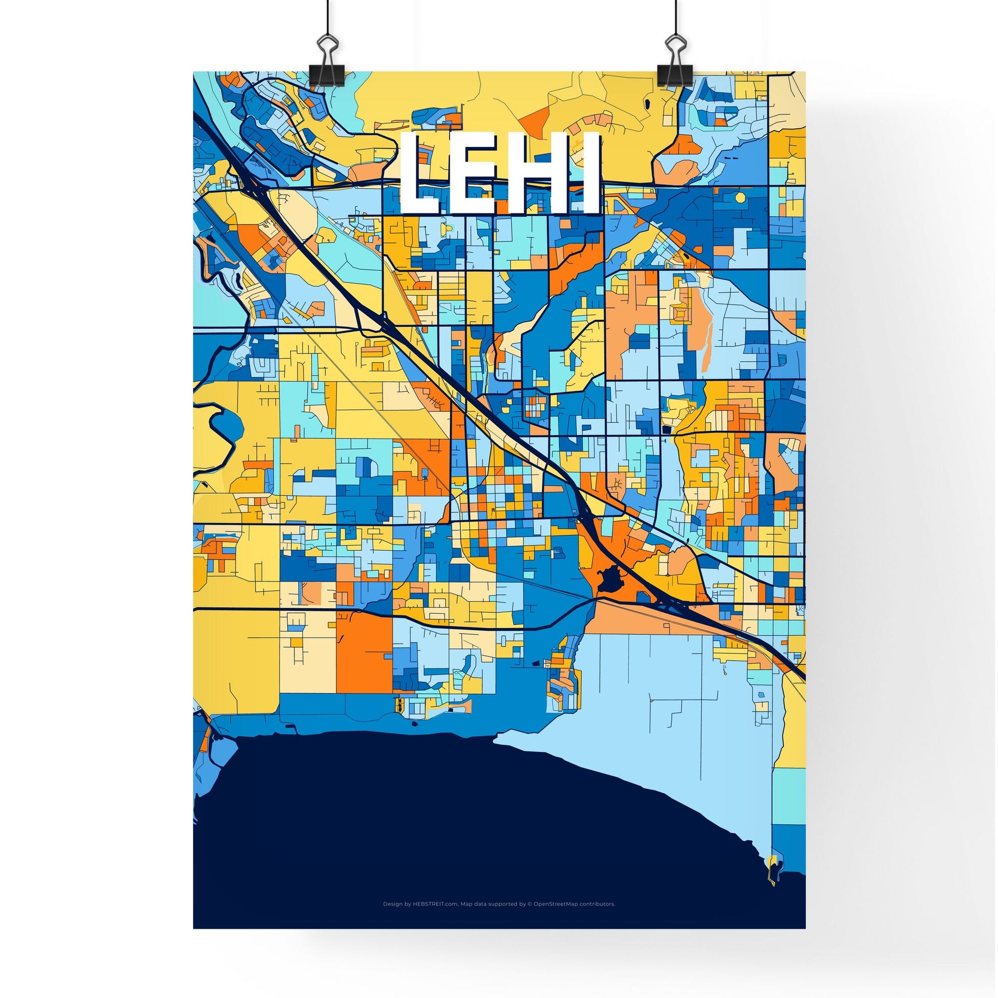 LEHI UTAH Vibrant Colorful Art Map Poster Blue Orange