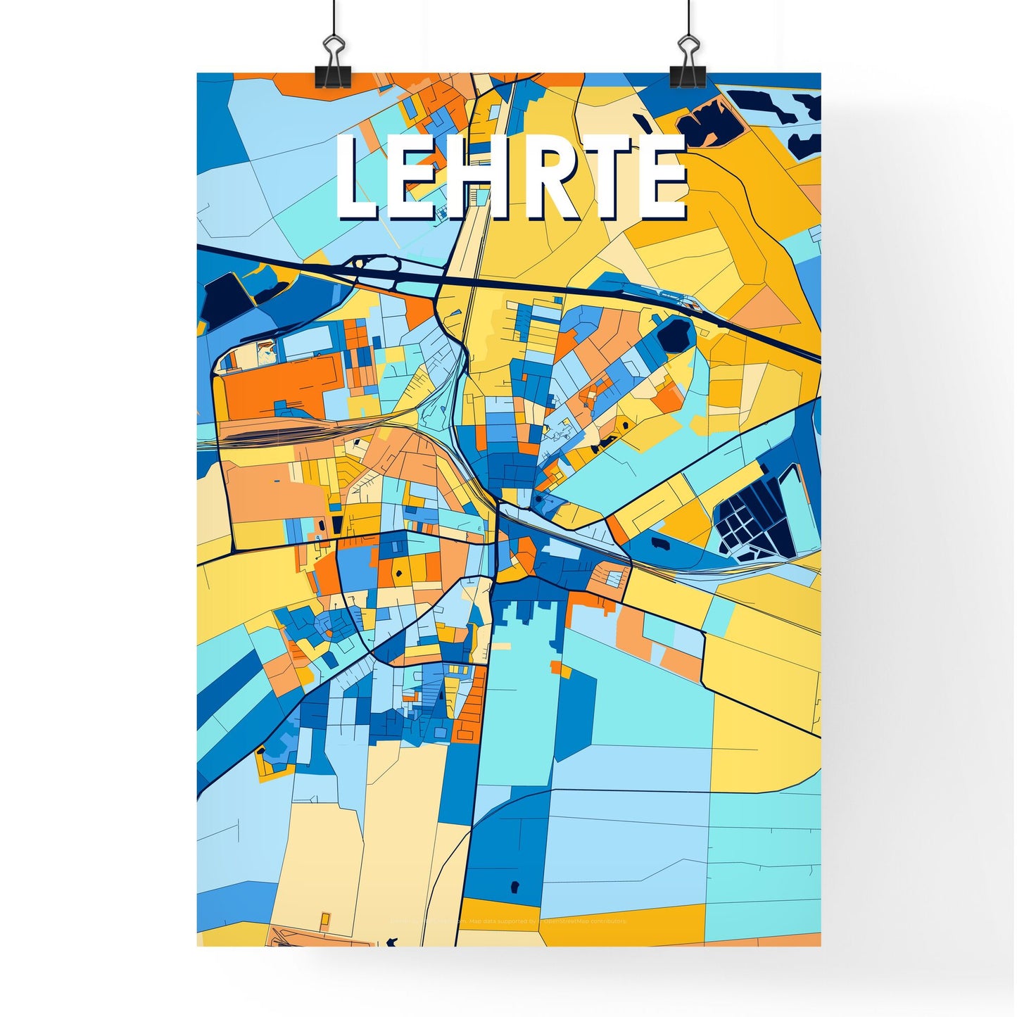 LEHRTE GERMANY Vibrant Colorful Art Map Poster Blue Orange