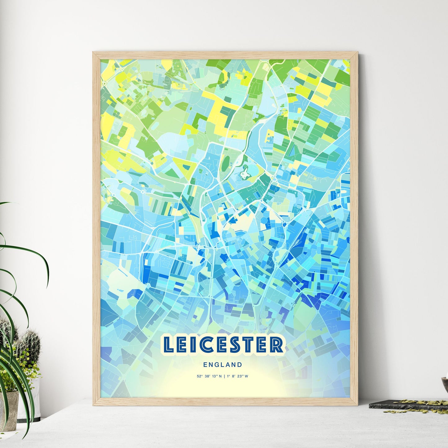 Colorful Leicester England Fine Art Map Cool Blue