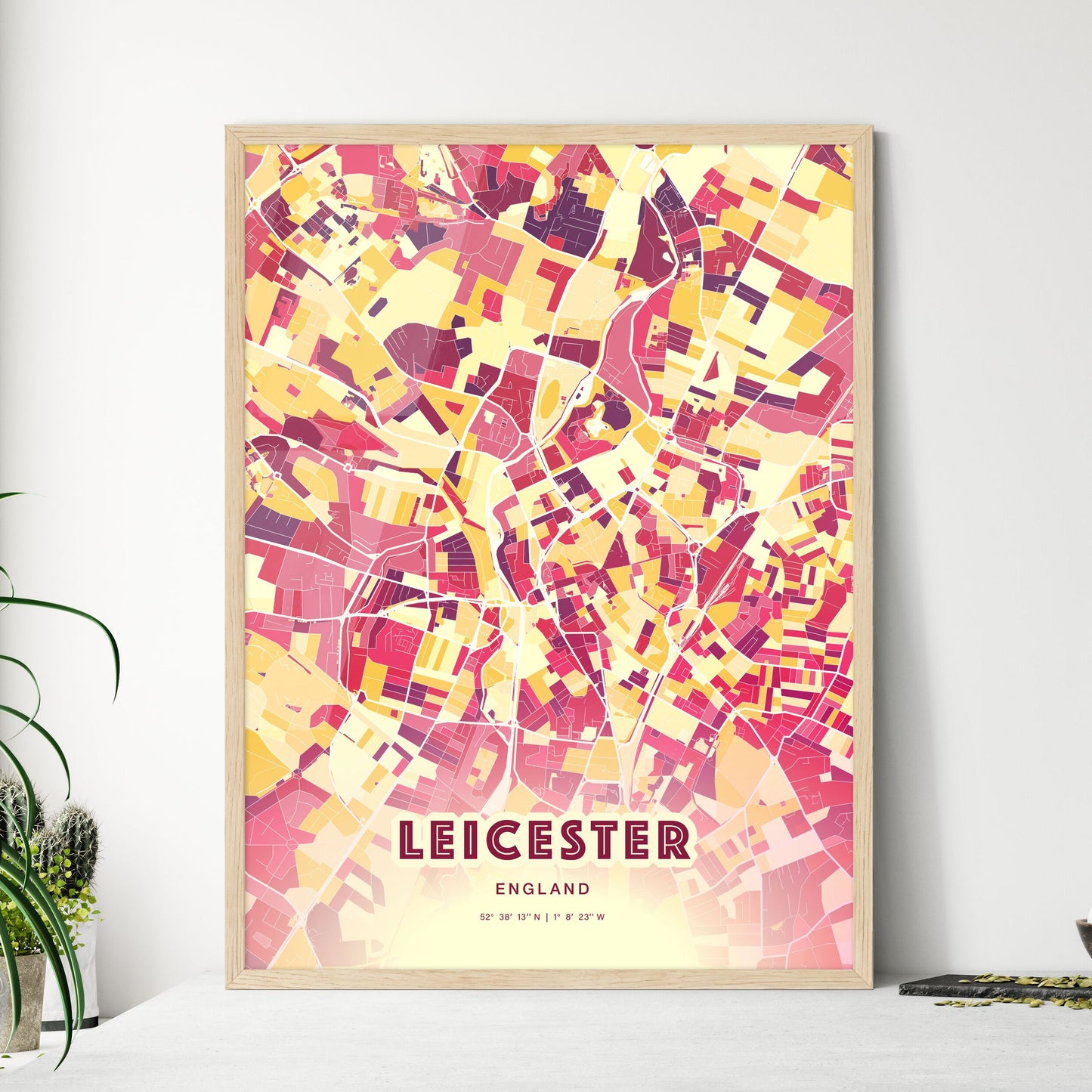 Colorful Leicester England Fine Art Map Hot Red
