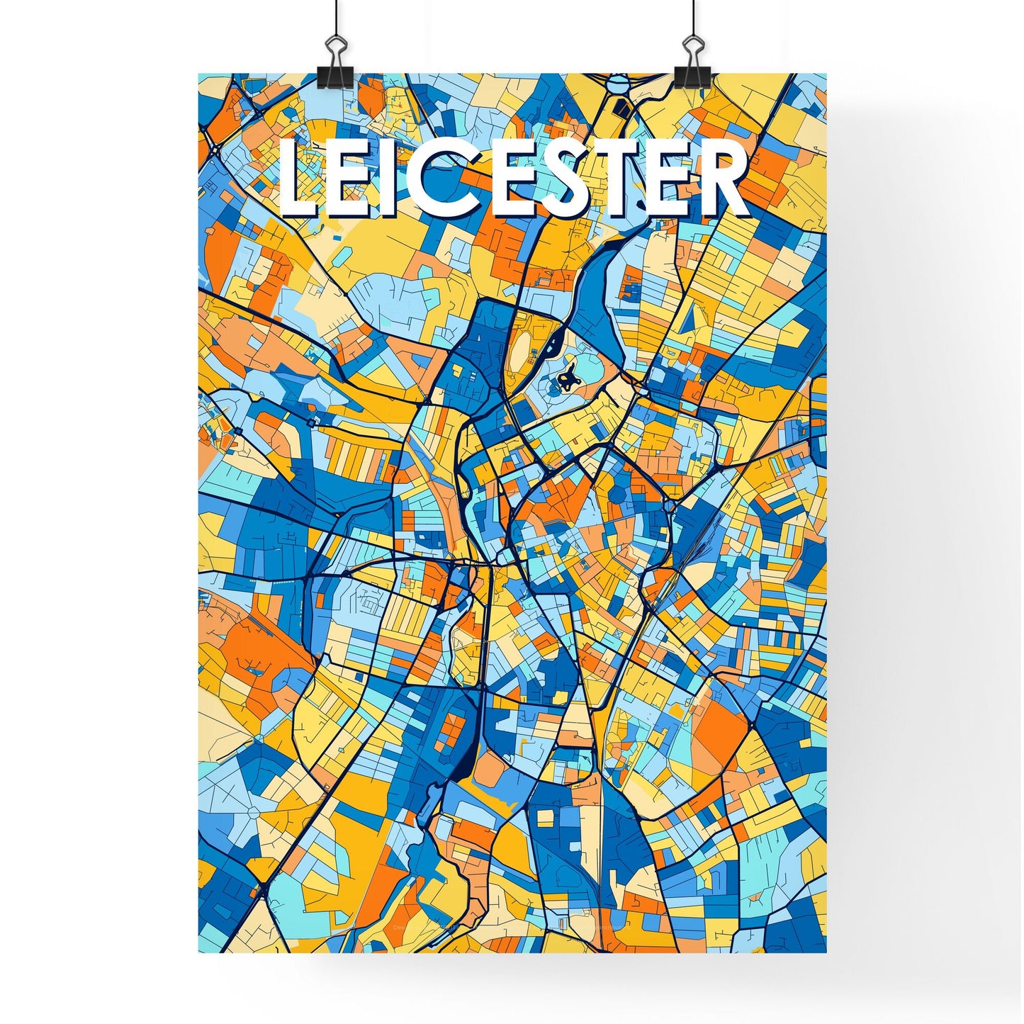 LEICESTER ENGLAND Vibrant Colorful Art Map Poster Blue Orange