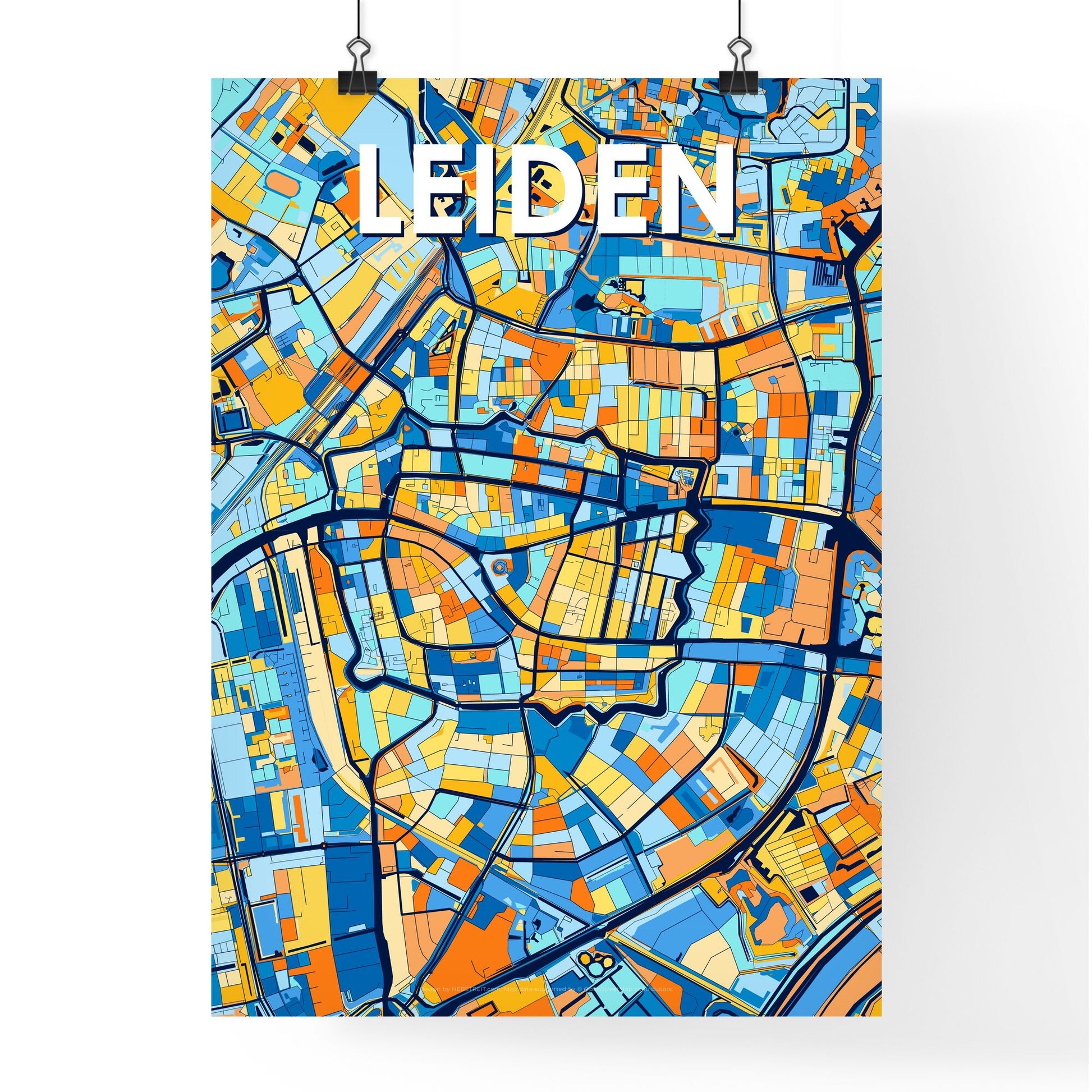 LEIDEN NETHERLANDS Vibrant Colorful Art Map Poster Blue Orange