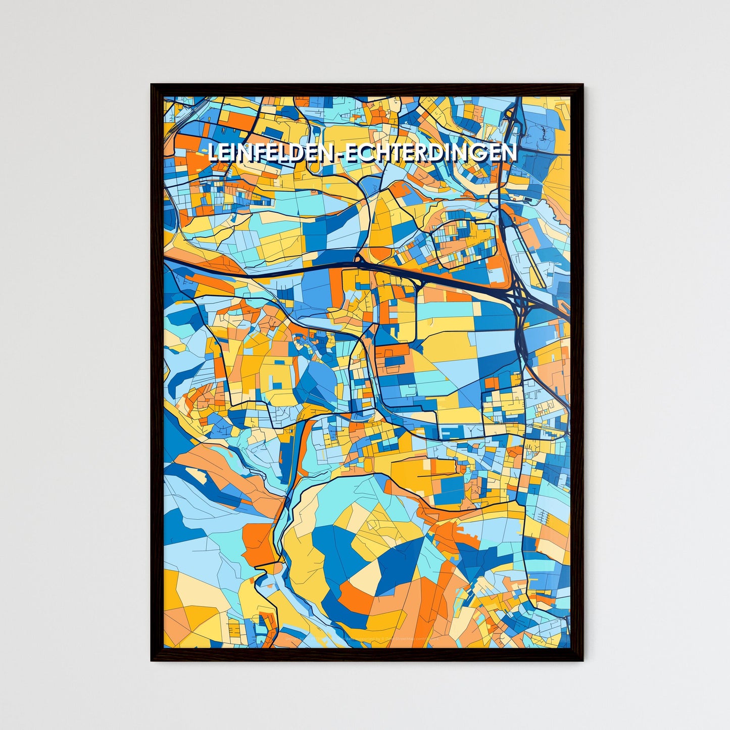 LEINFELDEN-ECHTERDINGEN GERMANY Vibrant Colorful Art Map Poster Blue Orange