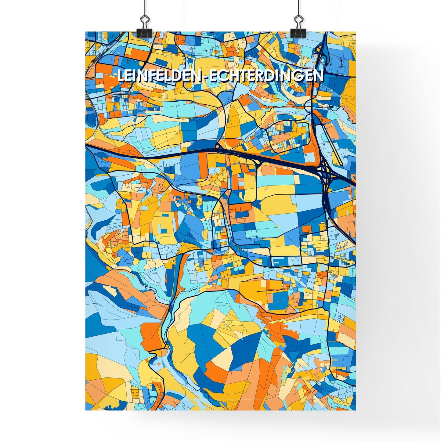 LEINFELDEN-ECHTERDINGEN GERMANY Vibrant Colorful Art Map Poster Blue Orange