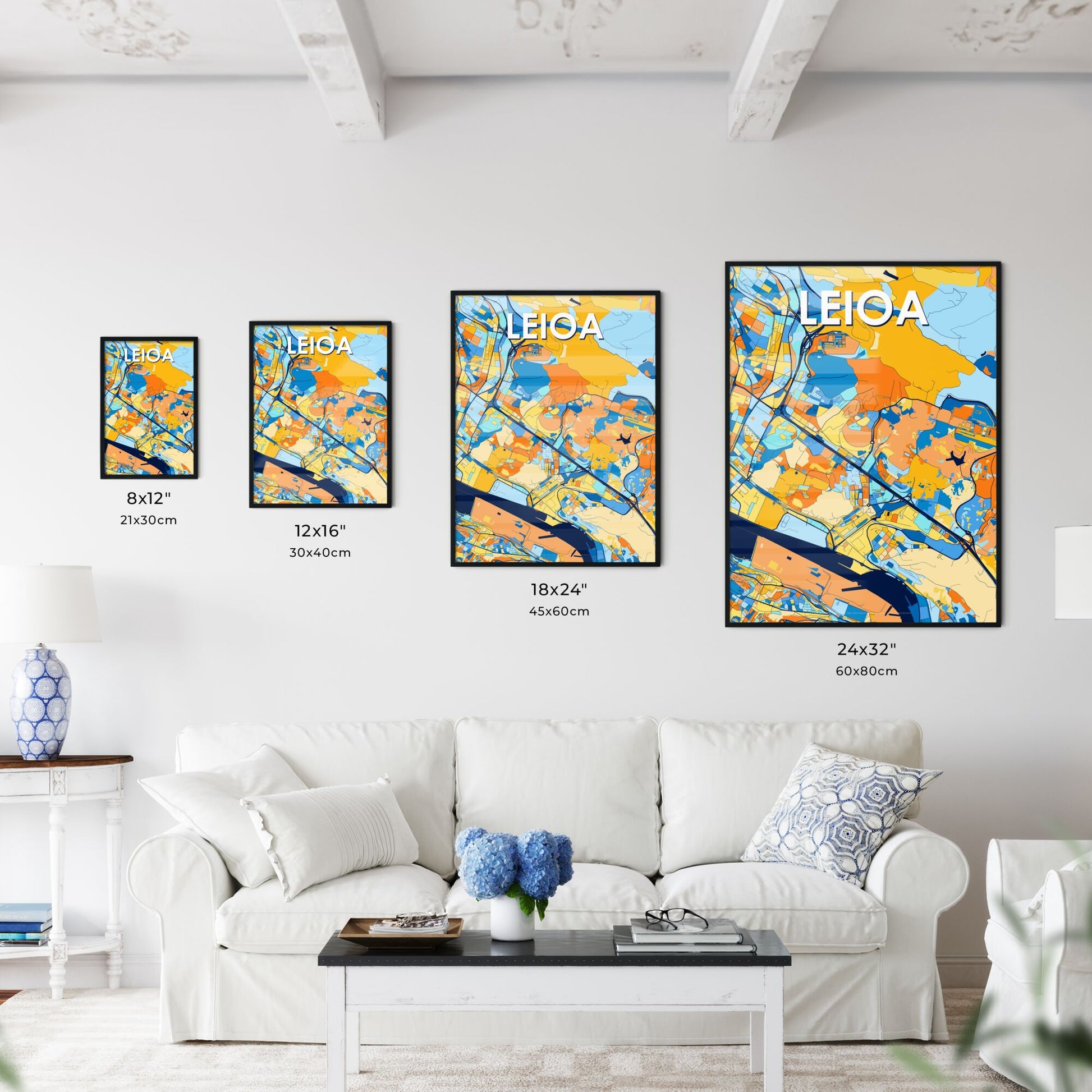 LEIOA SPAIN Vibrant Colorful Art Map Poster Blue Orange