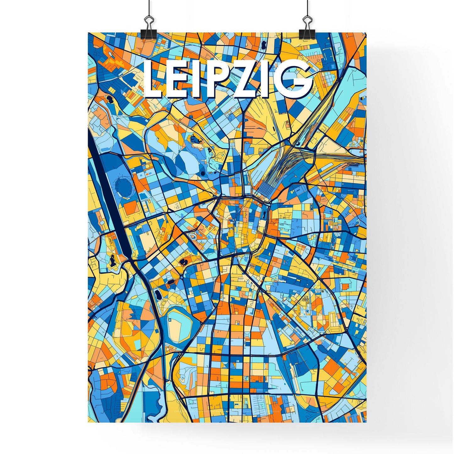 LEIPZIG GERMANY Vibrant Colorful Art Map Poster Blue Orange