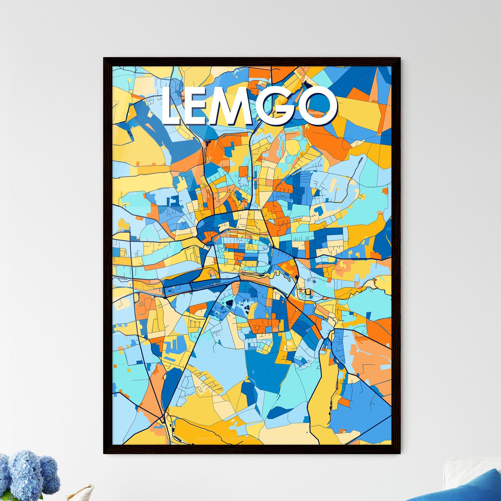 LEMGO GERMANY Vibrant Colorful Art Map Poster Blue Orange