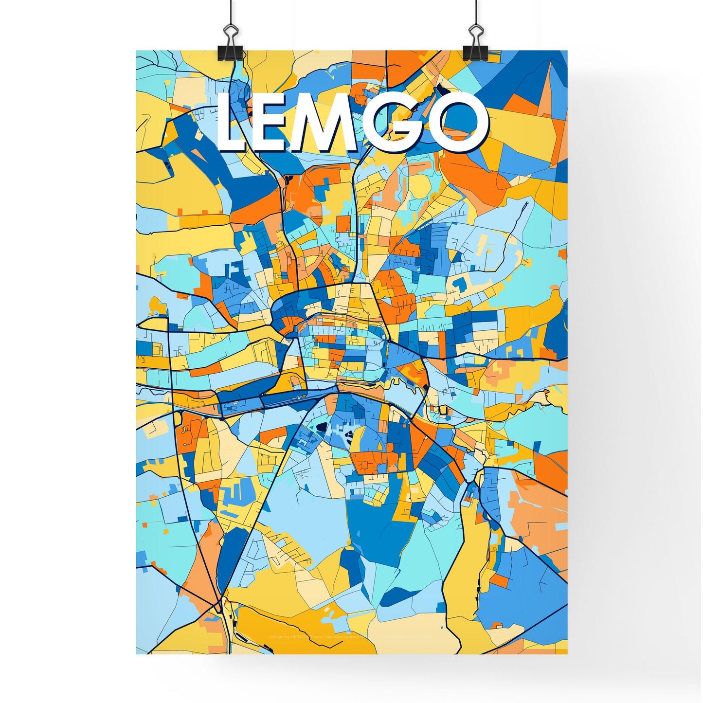 LEMGO GERMANY Vibrant Colorful Art Map Poster Blue Orange