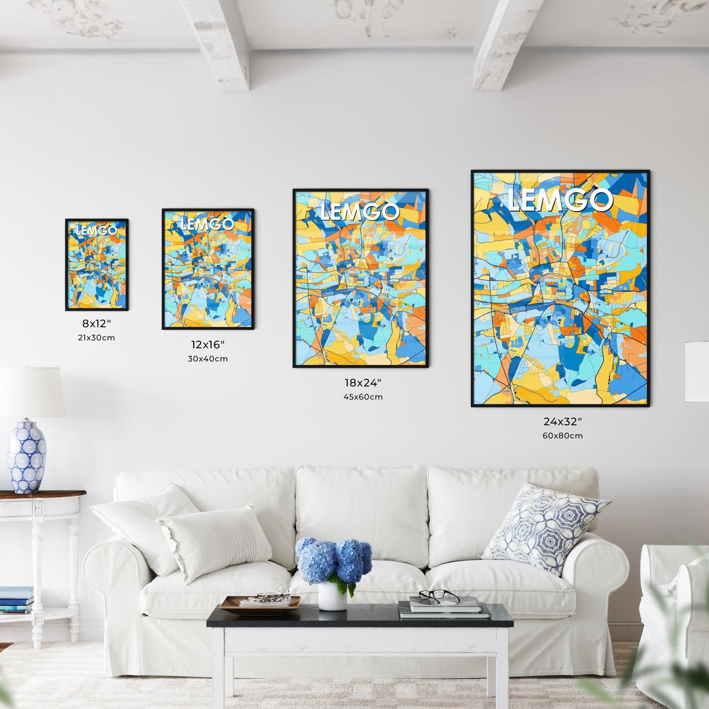 LEMGO GERMANY Vibrant Colorful Art Map Poster Blue Orange