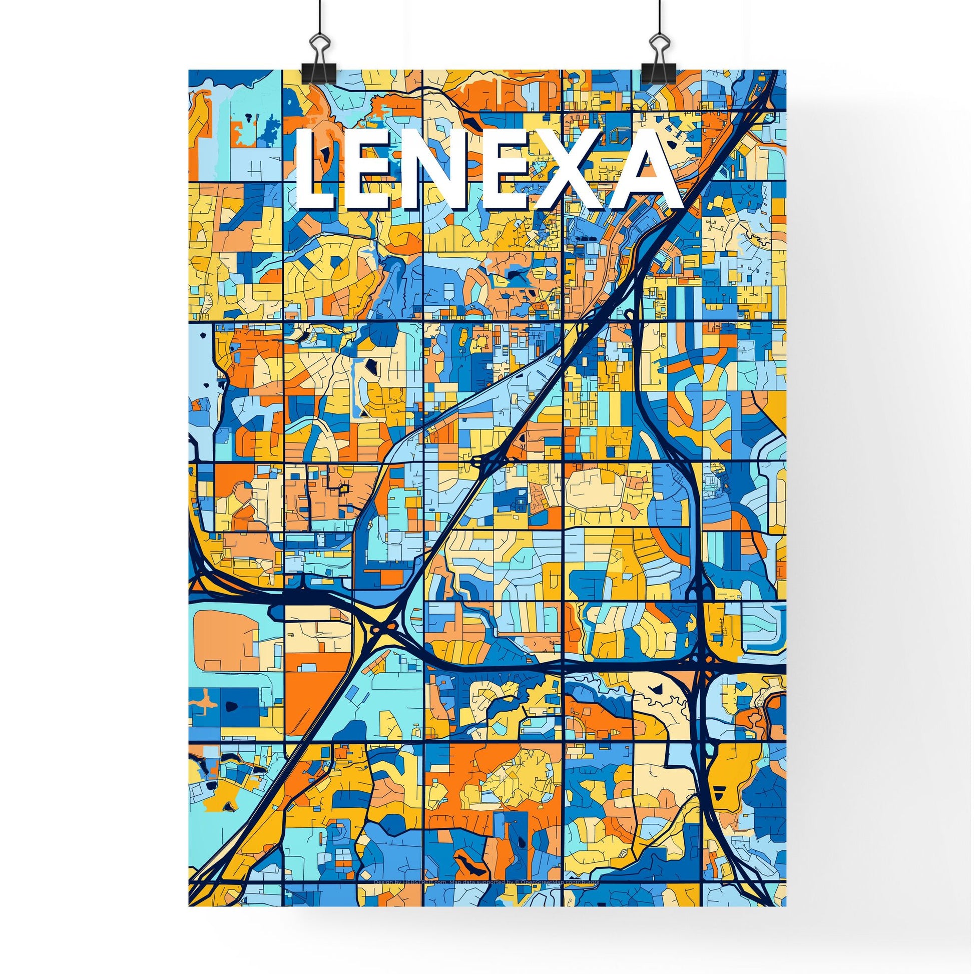 LENEXA KANSAS Vibrant Colorful Art Map Poster Blue Orange