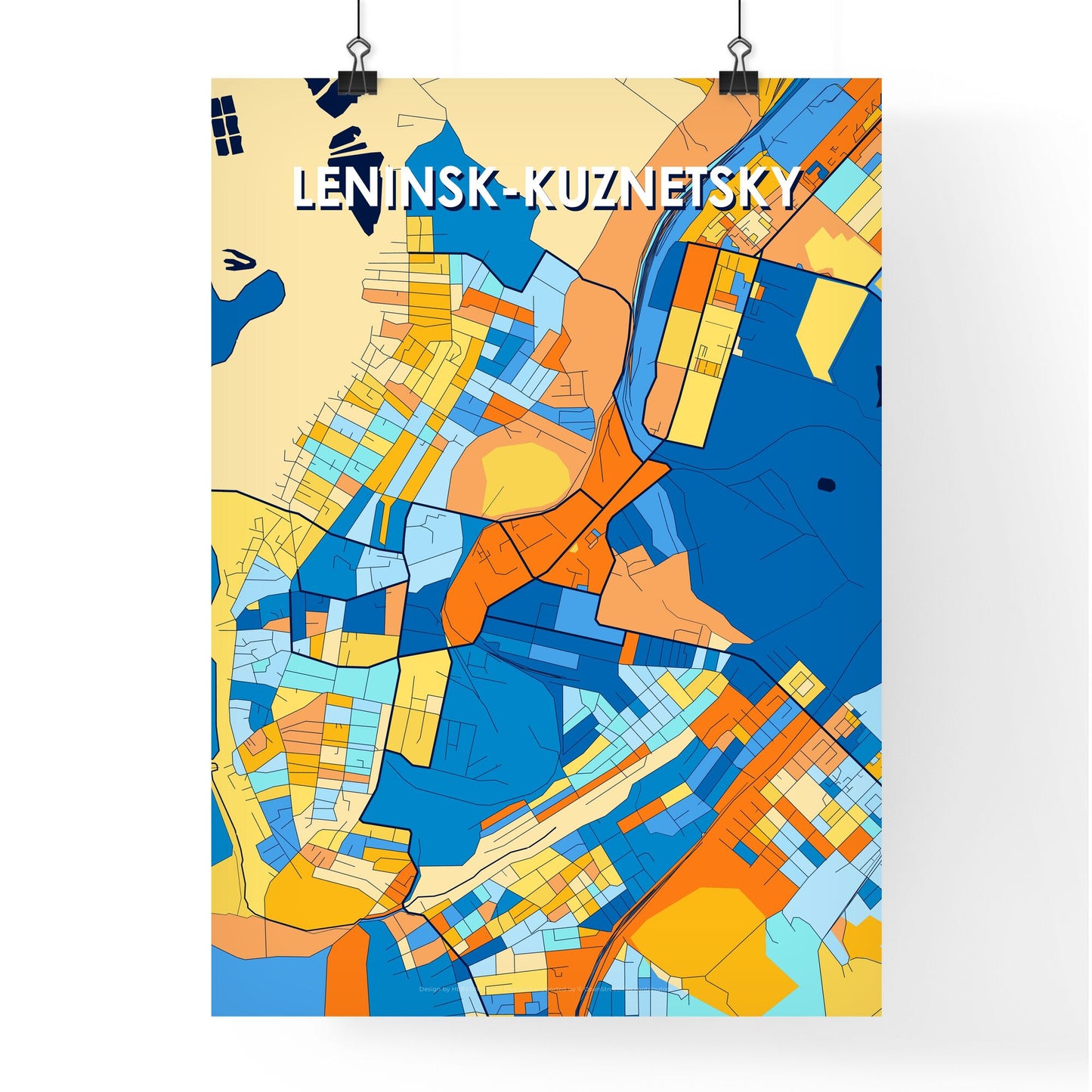 LENINSK-KUZNETSKY RUSSIA Vibrant Colorful Art Map Poster Blue Orange