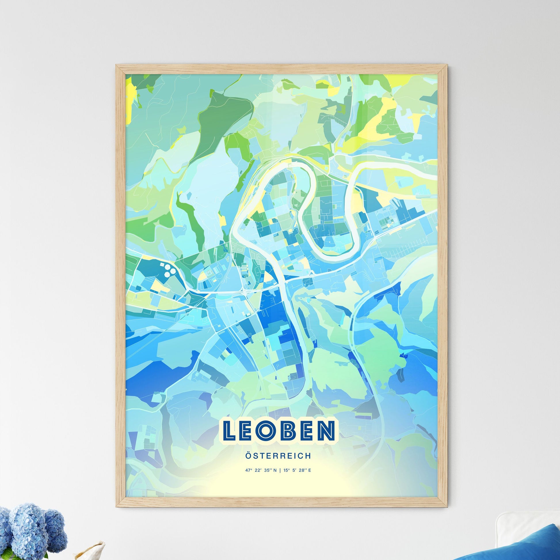 Colorful Leoben Austria Fine Art Map Cool Blue