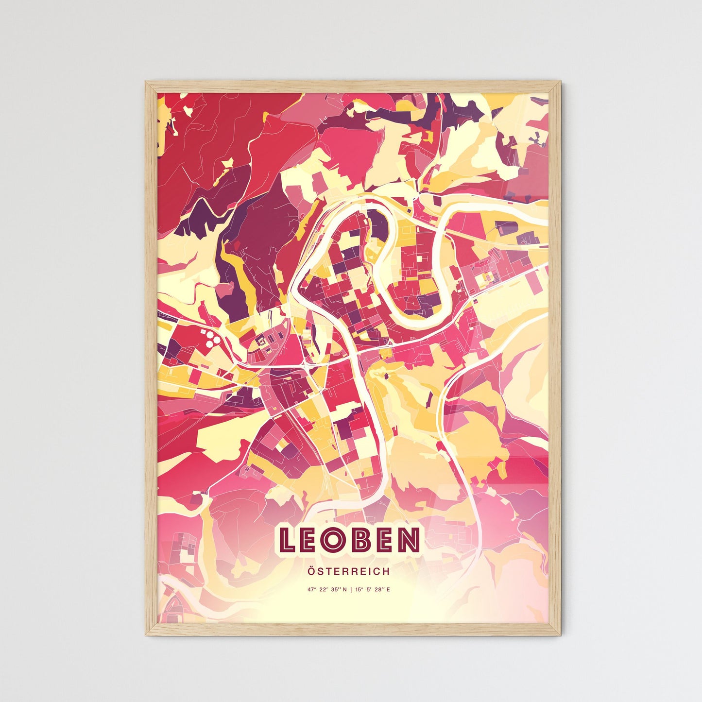 Colorful Leoben Austria Fine Art Map Hot Red