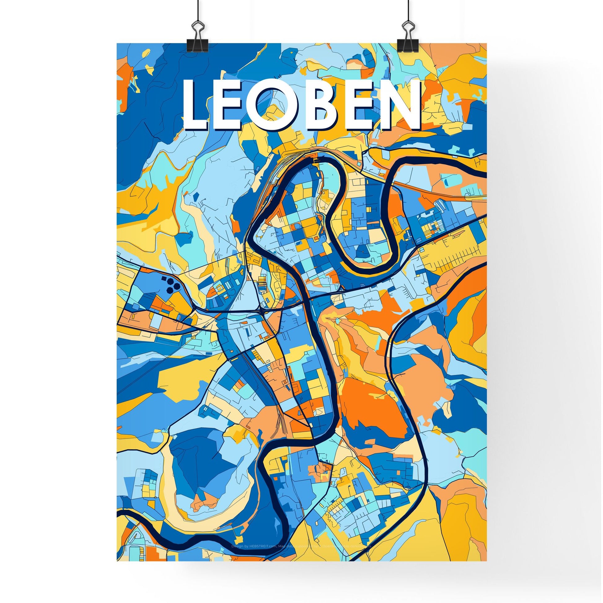 LEOBEN AUSTRIA Vibrant Colorful Art Map Poster Blue Orange