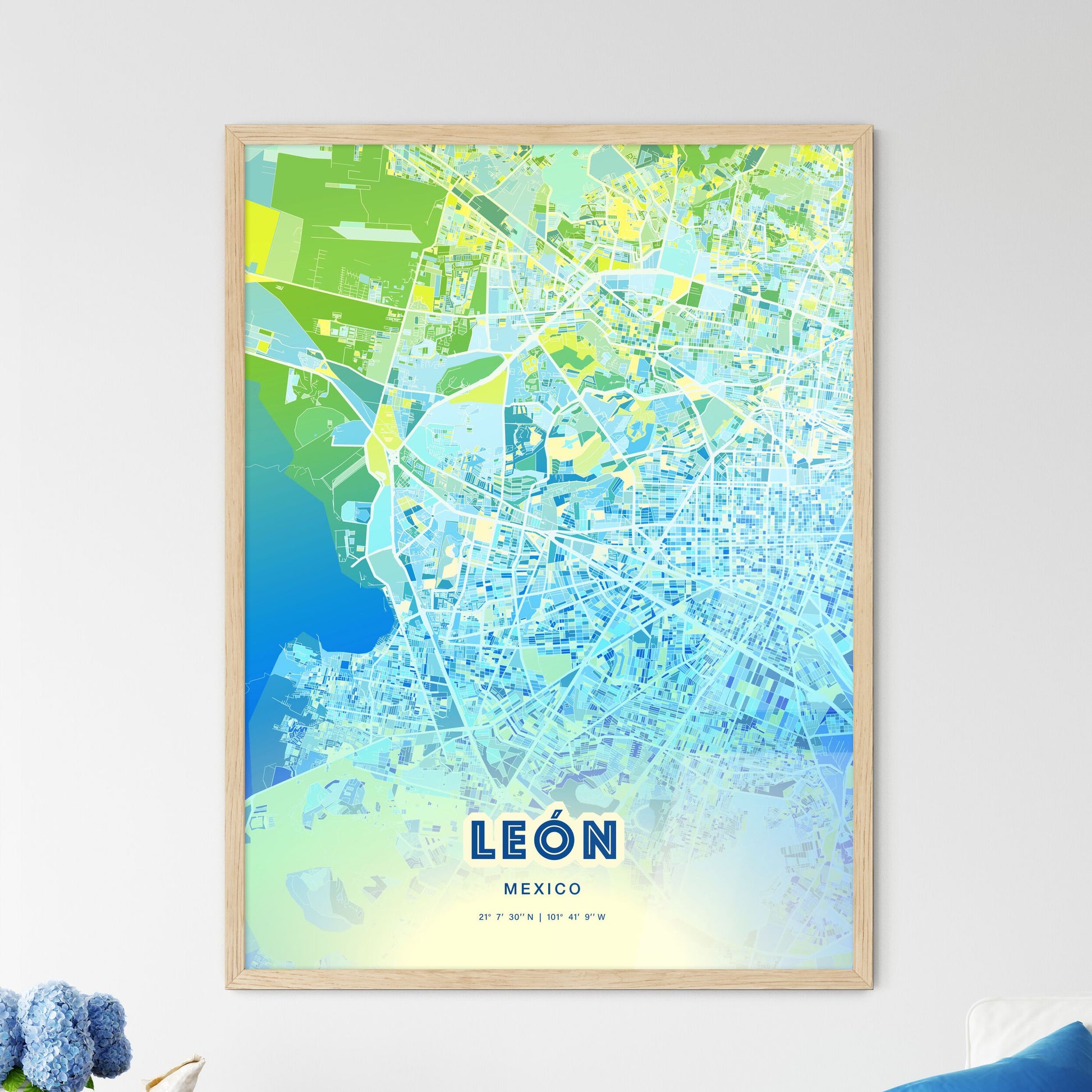 Colorful León Mexico Fine Art Map Cool Blue