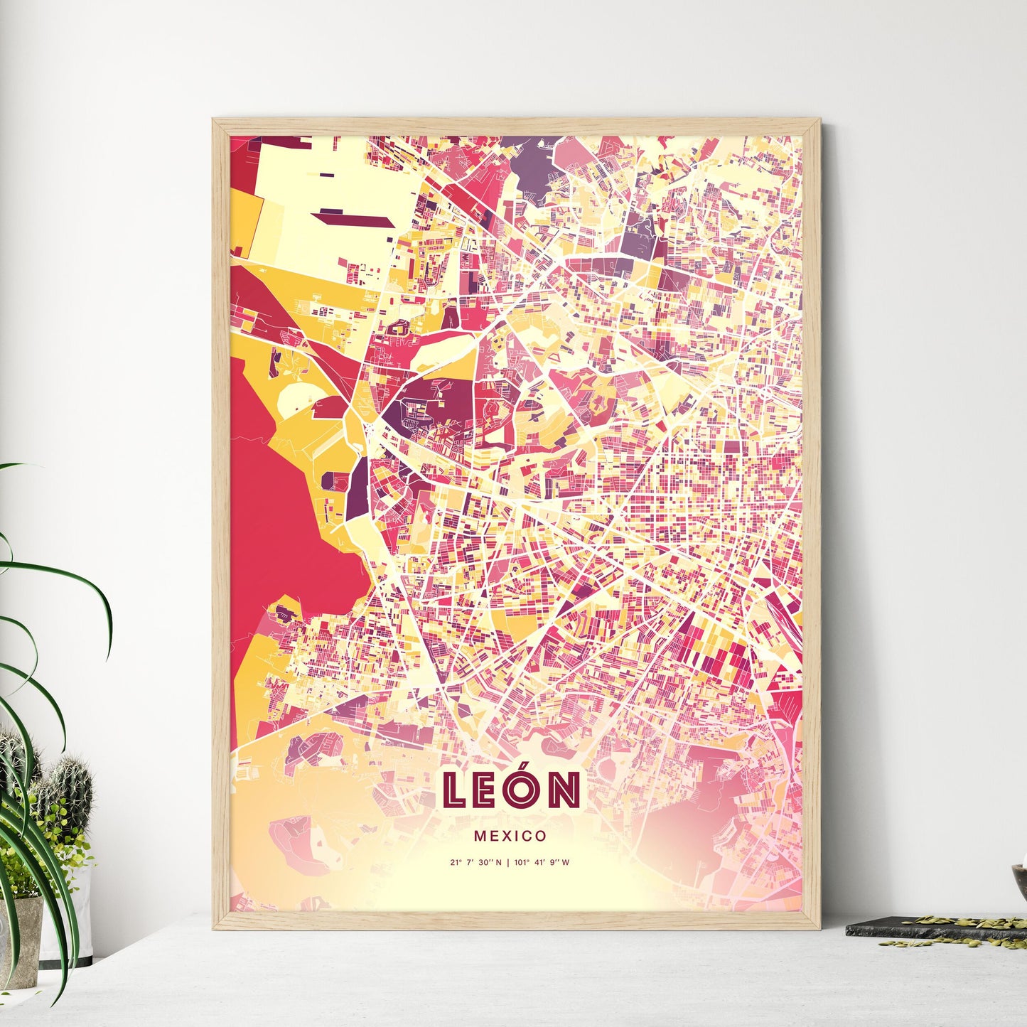 Colorful León Mexico Fine Art Map Hot Red