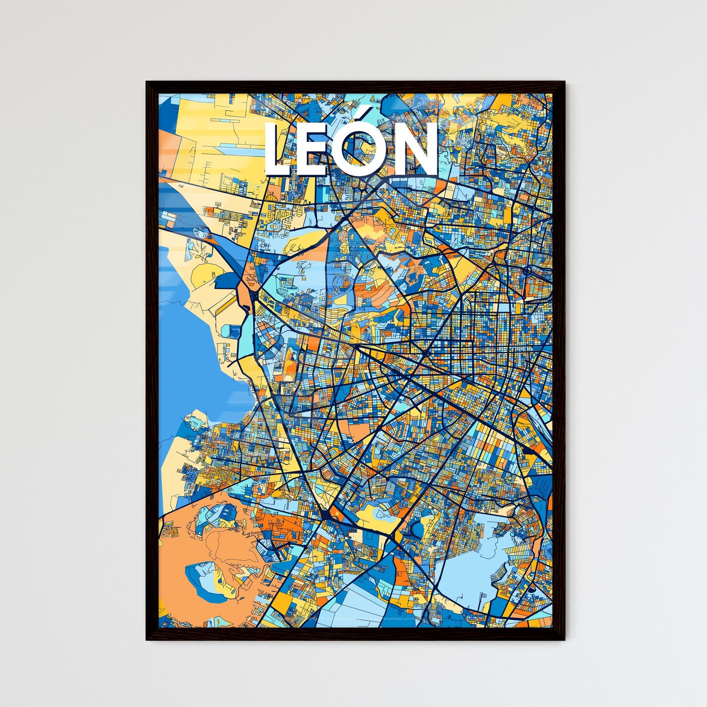 LEÓN MEXICO Vibrant Colorful Art Map Poster Blue Orange