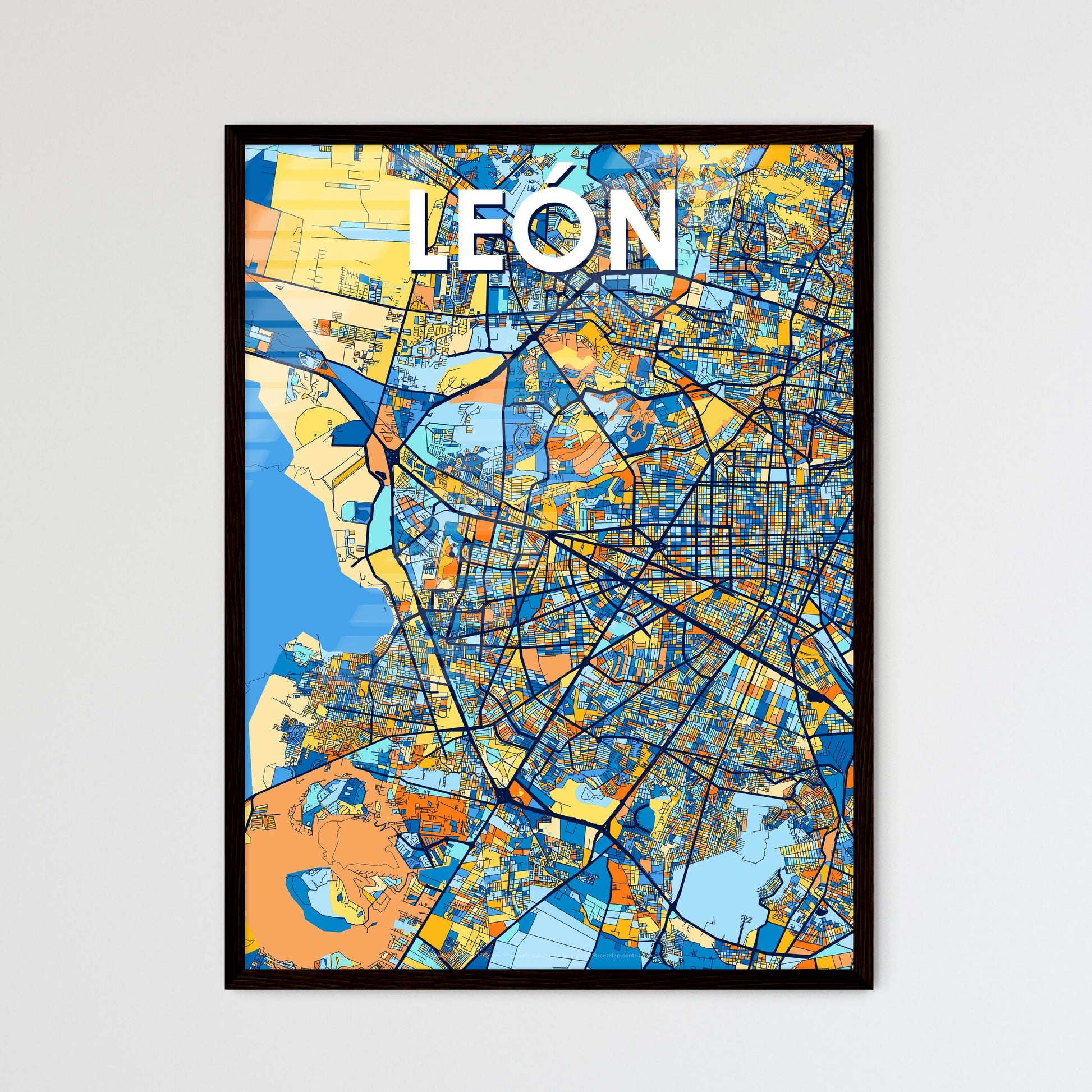 LEÓN MEXICO Vibrant Colorful Art Map Poster Blue Orange