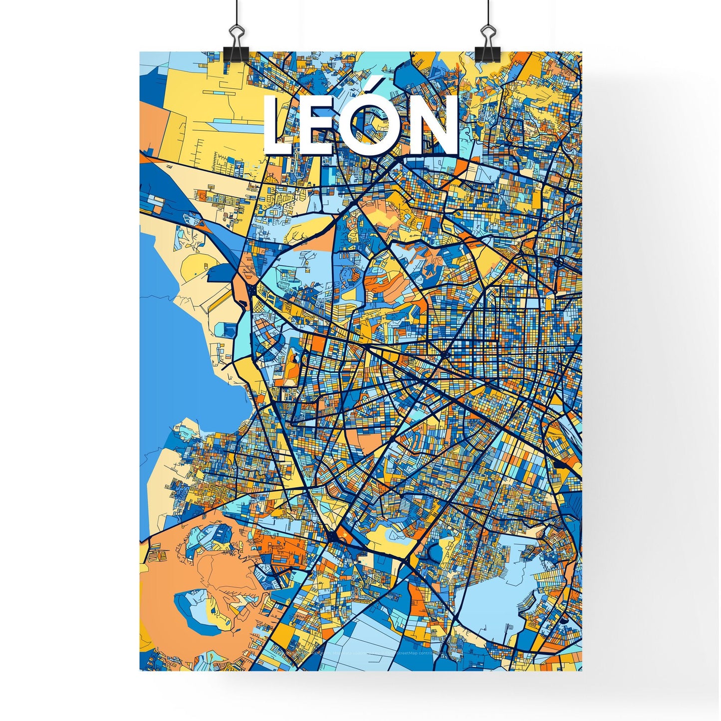 LEÓN MEXICO Vibrant Colorful Art Map Poster Blue Orange