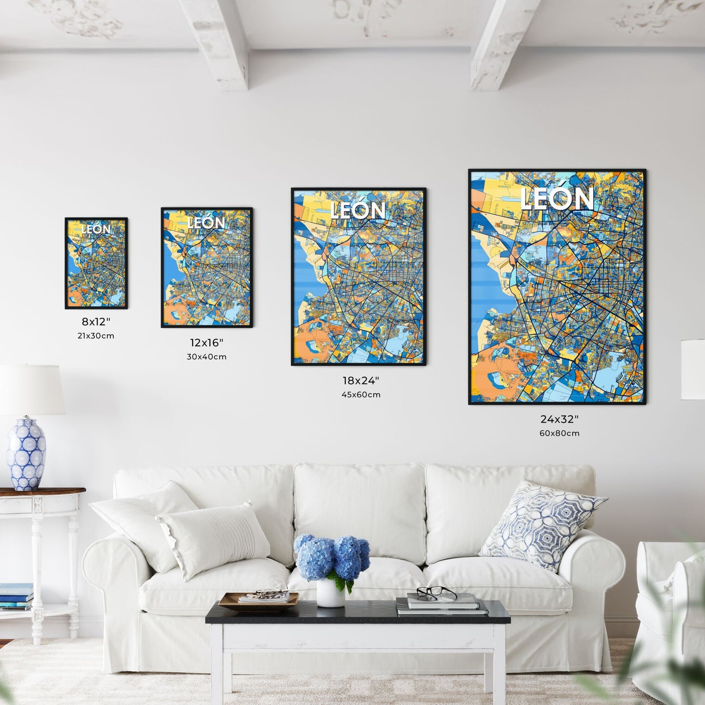 LEÓN MEXICO Vibrant Colorful Art Map Poster Blue Orange