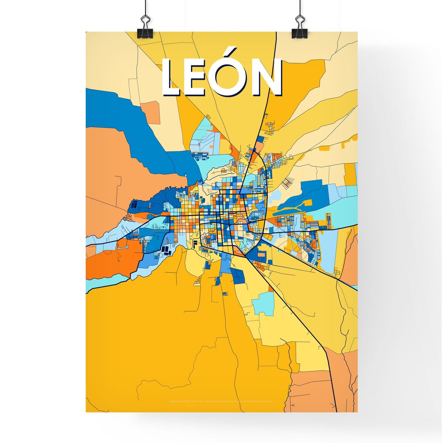 LEÓN NICARAGUA Vibrant Colorful Art Map Poster Blue Orange