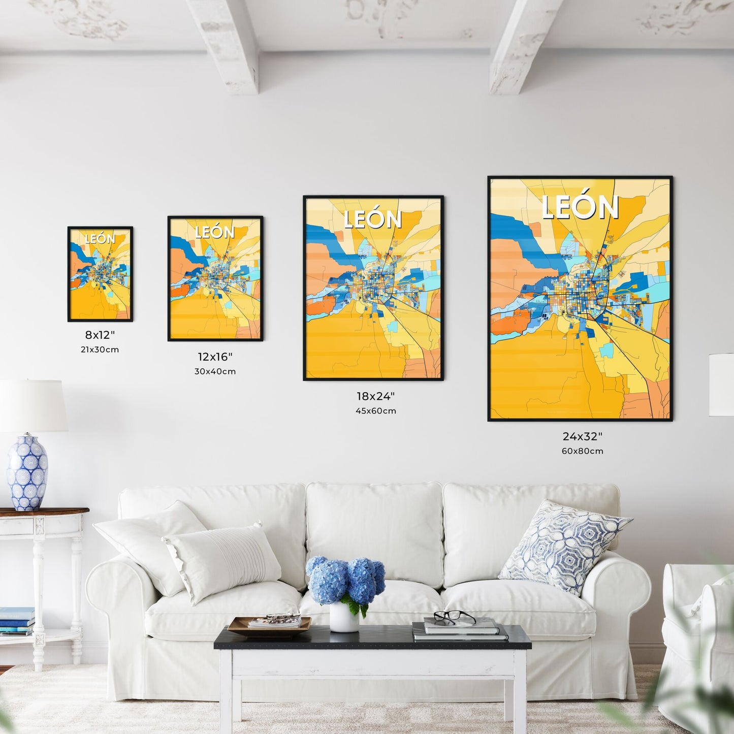 LEÓN NICARAGUA Vibrant Colorful Art Map Poster Blue Orange