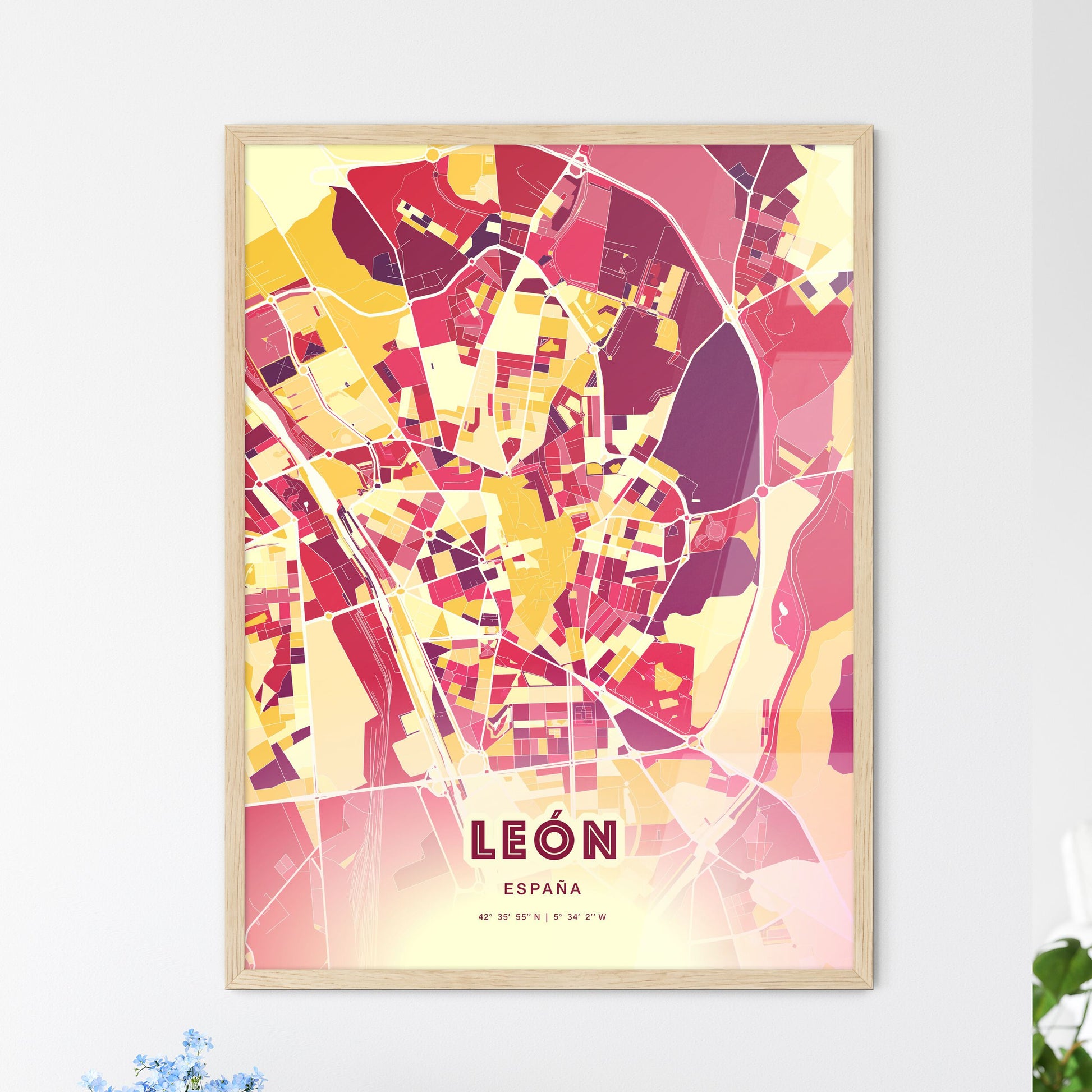 Colorful León Spain Fine Art Map Hot Red
