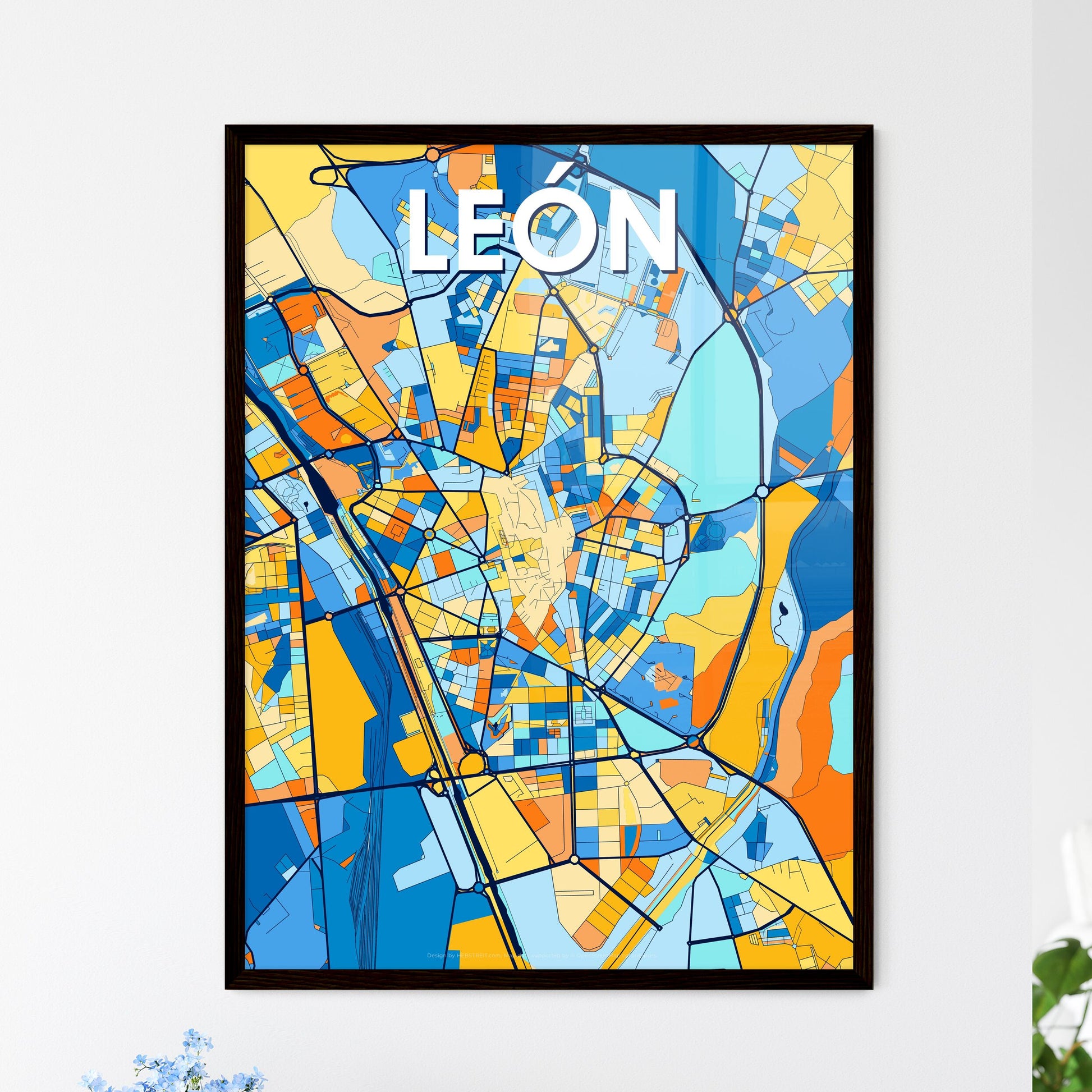 LEÓN SPAIN Vibrant Colorful Art Map Poster Blue Orange