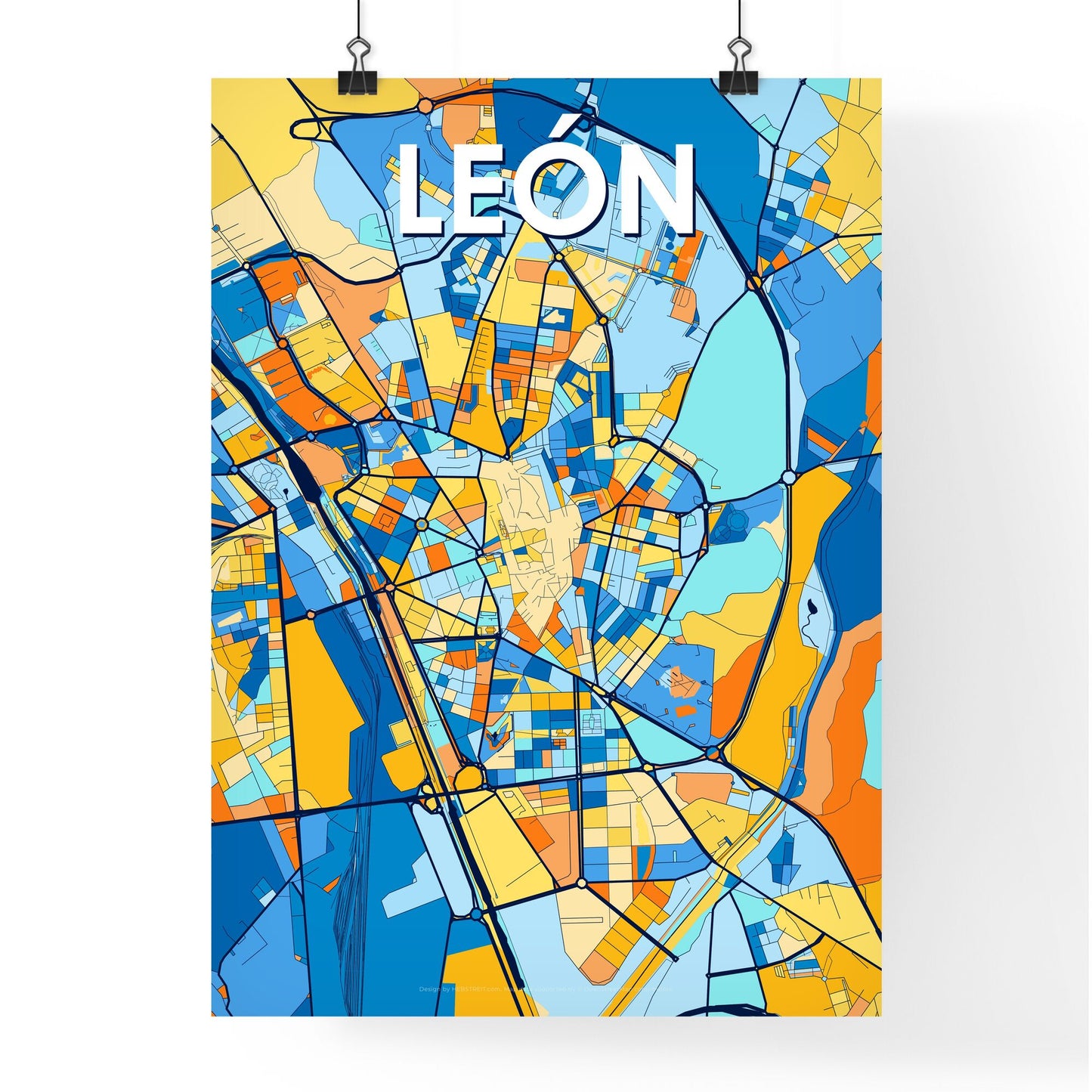 LEÓN SPAIN Vibrant Colorful Art Map Poster Blue Orange