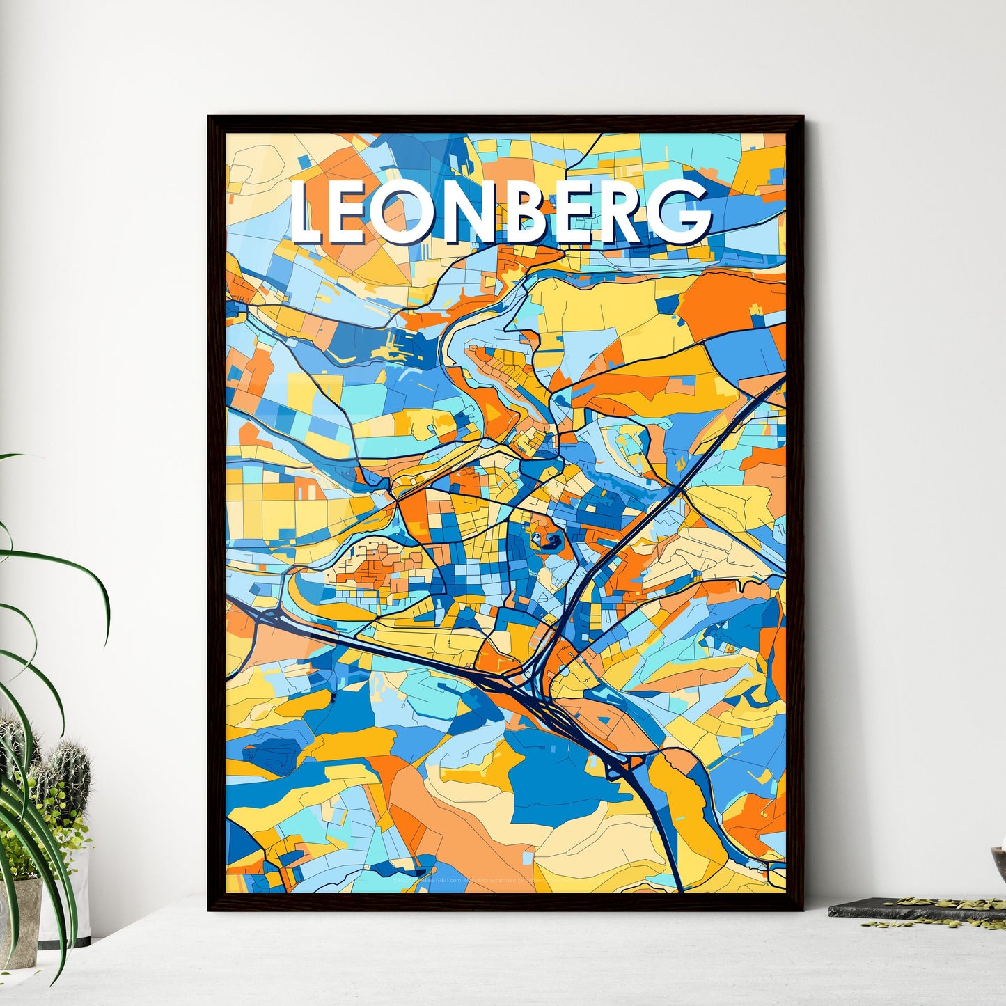 LEONBERG GERMANY Vibrant Colorful Art Map Poster Blue Orange