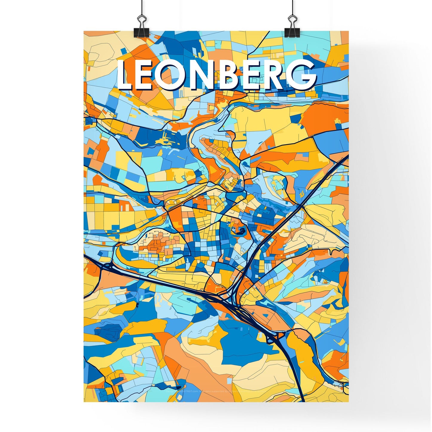 LEONBERG GERMANY Vibrant Colorful Art Map Poster Blue Orange